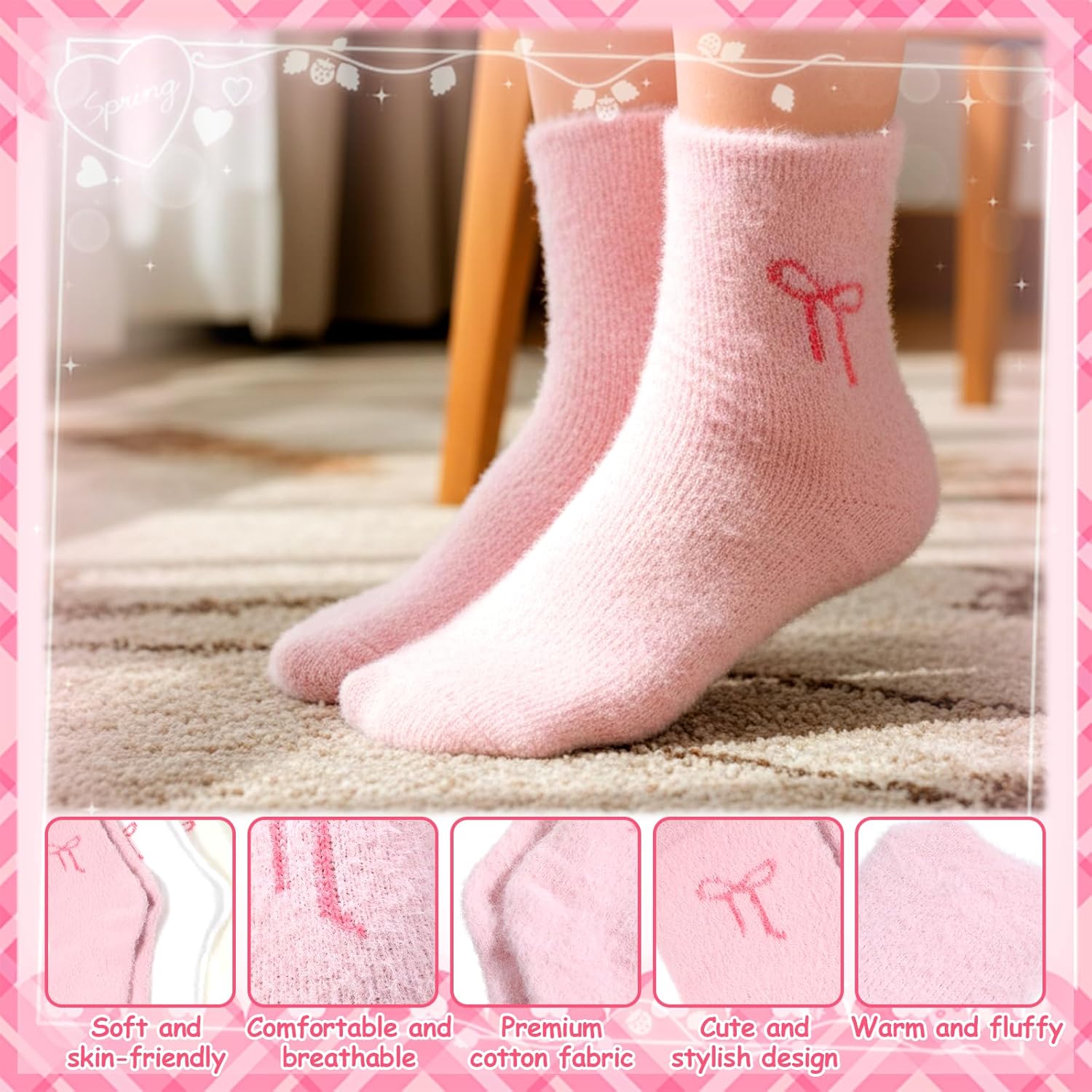 3 Pairs Womens Bow Fuzzy Socks, Soft Slipper Sock Winter Fuzzy Socks for Women Coquette Stuff Fluffy Thick Spa Home Sleeping - Image 4