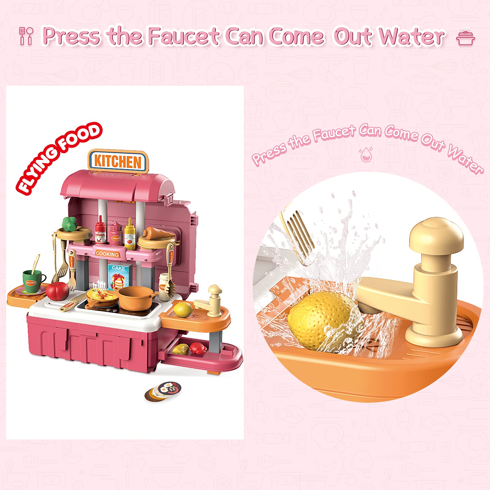 Dlordy Kitchen Playset, 3 in 1 Kitchen Pretend Play Toys Travel Suitcase, 49 PCS Realistic Cooking Accessories, Sounds, Lightnd, Running Water, Great Kitchen Toys for Toddlers Kids (Pink)