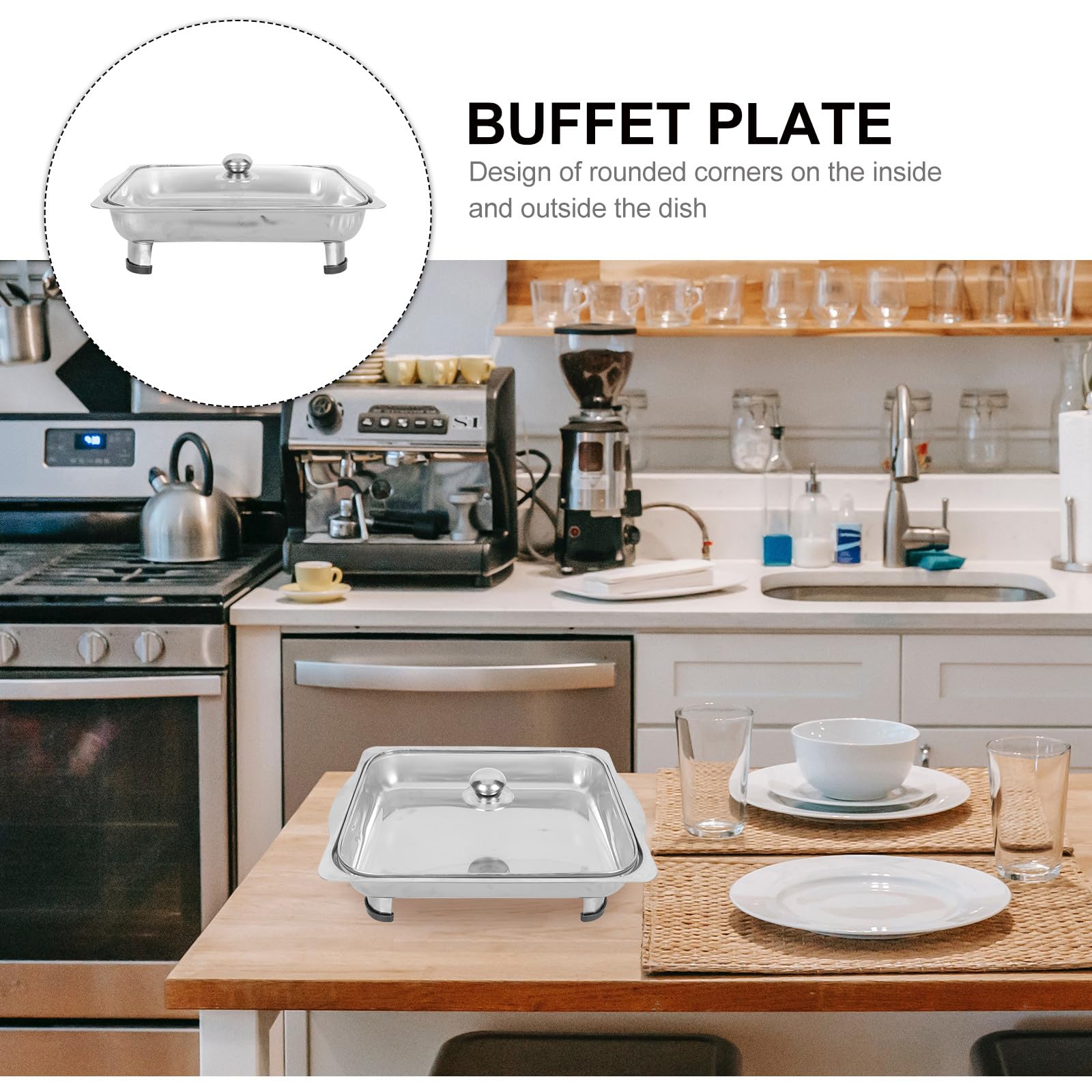 Bandeja de acero inoxidable para servir buffet con tapa y 4 pies, antideslizante, fácil de limpiar, bordes redondeados, ideal para catering, eventos, hoteles, bandeja de alimentos, duradera y elegante