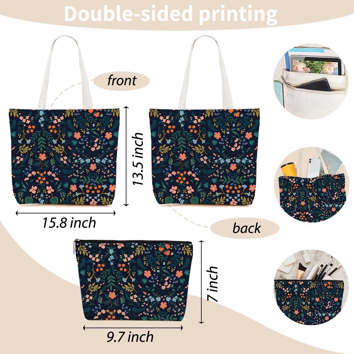Aesthetic Floral Canvas Tote Bag Makeup Bag Set Flower Decor Gifts for Women Girls Sister Friend Nurse Vacation Travel Work Birthday Christmas Reusable Shopping Grocery Bags Travel Cosmetic Bags - Image 4