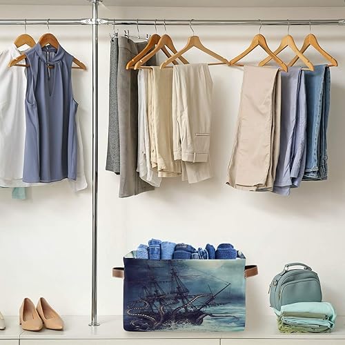 Miniatura 5 de Cesta de almacenamiento Ocean Kraken náutico barco pirata animal pulpo, caja de almacenamiento de lona duradera plegable cesta de juguetes cesta