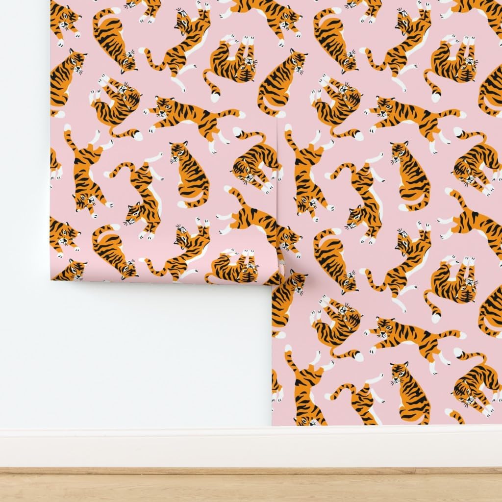 Peel & Stick Wallpaper 3ft x 2ft - Pink Zoo Tiger Cat Tropical Hand Drawn Large Wild Safari Animal Tropic Jungle Exotic Girly Custom Removable Wallpaper by Spoonflower