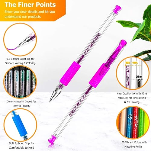 Miniatura 3 de Soucolor Bolígrafos de gel con purpurina para libros de colorear para adultos, paquete de 120 unidades, 60 bolígrafos con purpurina, 60 recambios y