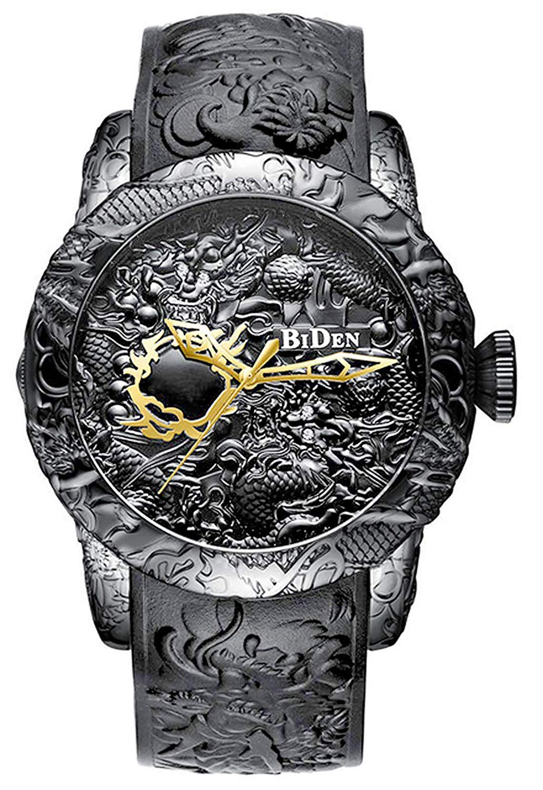 CARLIENMen Black Dragon Watch Fashion 3D Engraved Dragon Waterproof Big Dial Black Rubber Strap Sport Wrist Watch