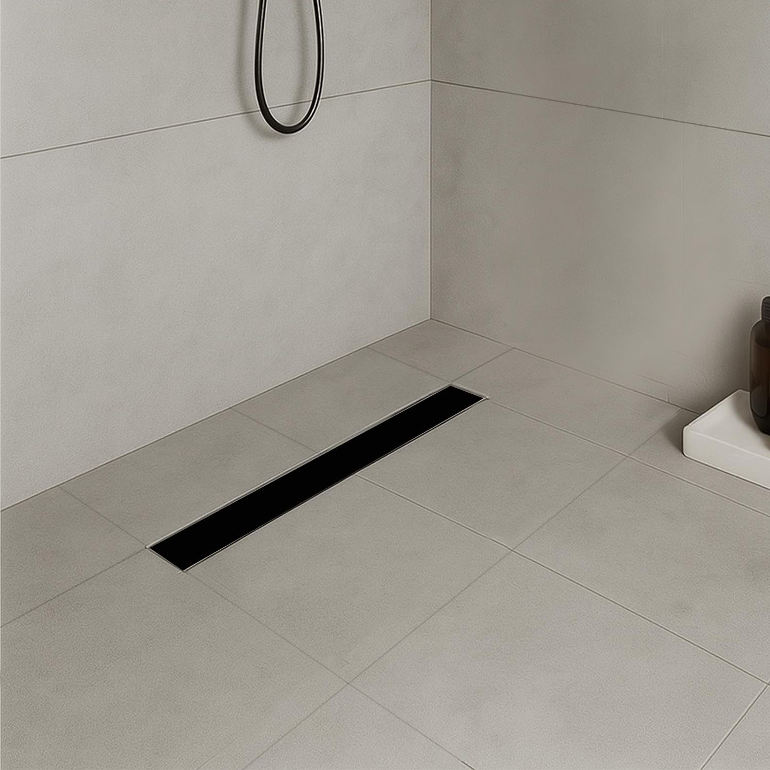 DUKA Caniveau de douche L.80 cm verre noir inox avec siphon 360°, drainage performant