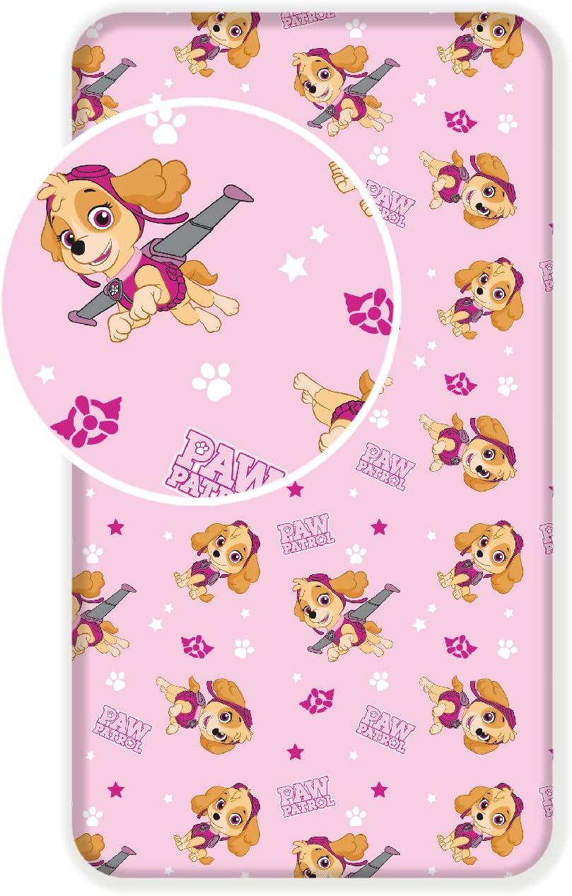 Paw Patrol fitted sheet with Skye in pink, dogs, 90 cm x 200 cm + 25 cm 100% cotton for children