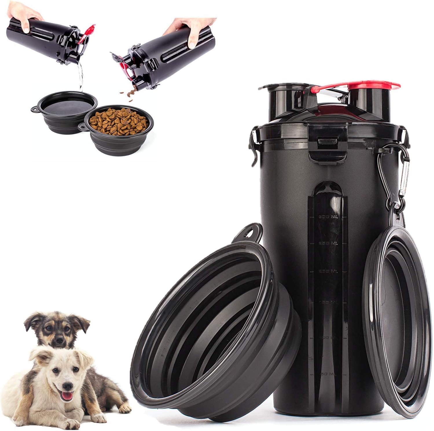 MelPet Portable Dog Water & Food Bottle for Travelling with 2 Collapsible Bowls, Outdoor Water Dispenser and Food Container, Light…