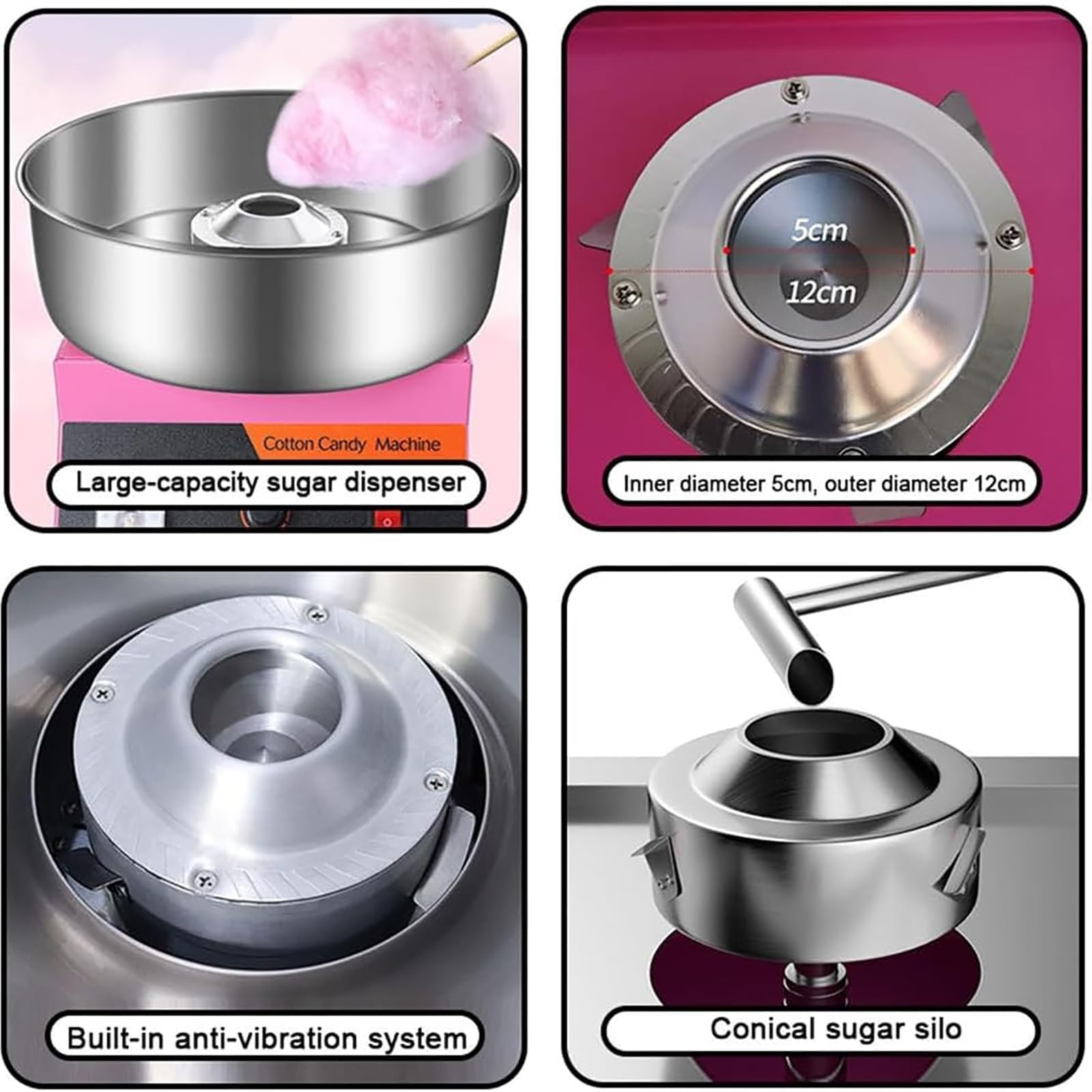 Máquina Comercial para Hacer algodón de azúcar, 1000 W, eléctrica, con Cuchara de Acero Inoxidable, Temperatura Ajustable de 50-300 °C y Pantalla de Voltaje, Ideal para cumpleaños