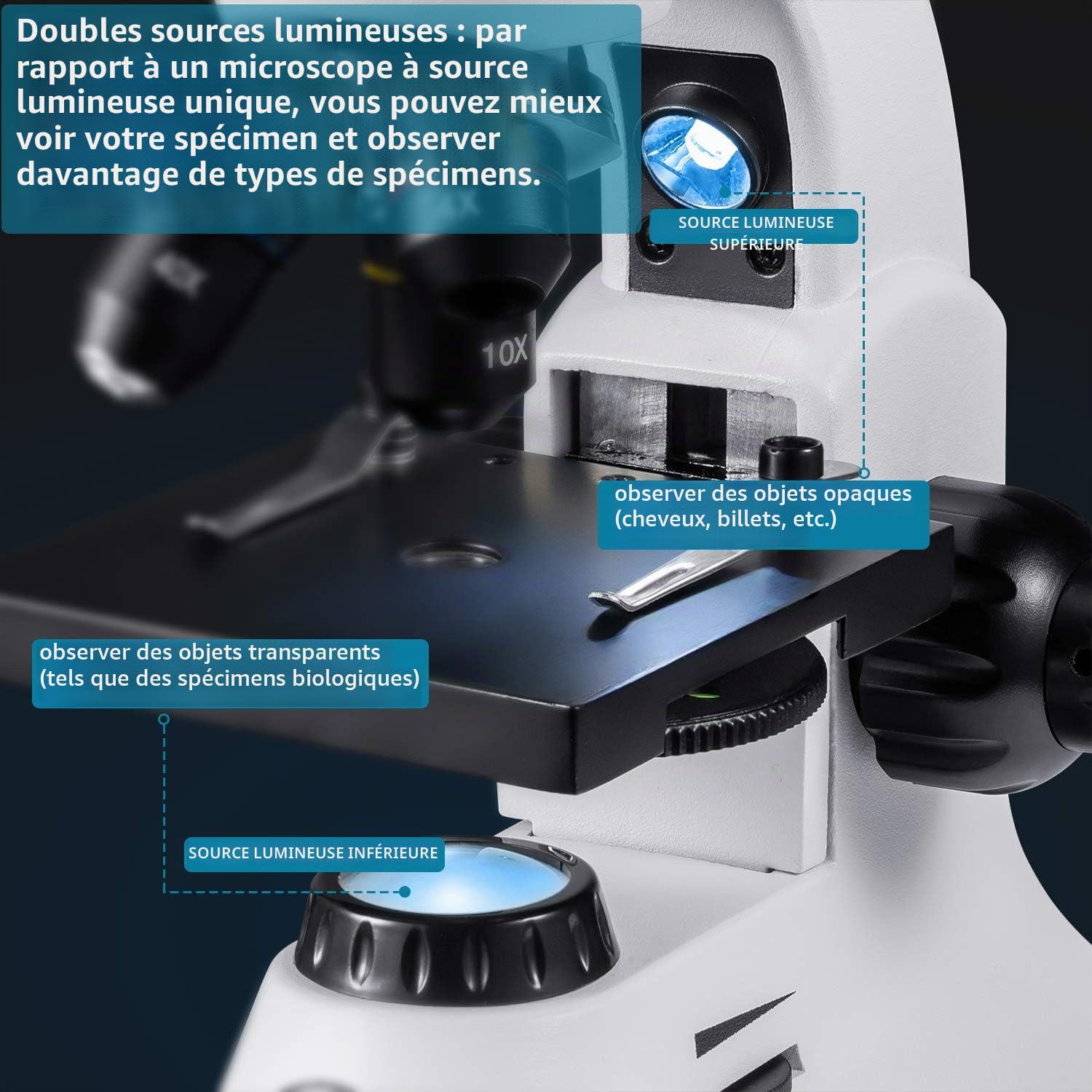 MÉTAL 2000X Deux-Oculaires WF Microscope Optique Professionnel, 80X à 2000X Manuel en Français et Prise UE pour Enfants et Étudiants Adultes
