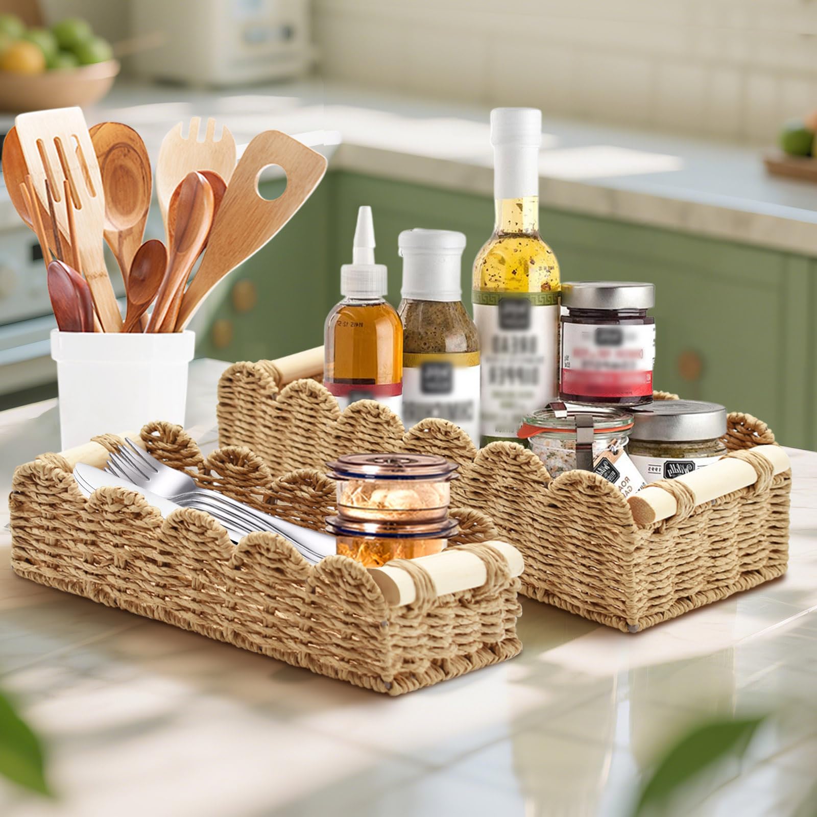 2 Pezzi Cestini Portaoggetti Cesto Vimini, Cestino Porta Carta Igienica Intrecciata con Manici in Legno, Scatola Contenitore Organizer Decorazioni per Cucina Bagno Ufficio Scaffale