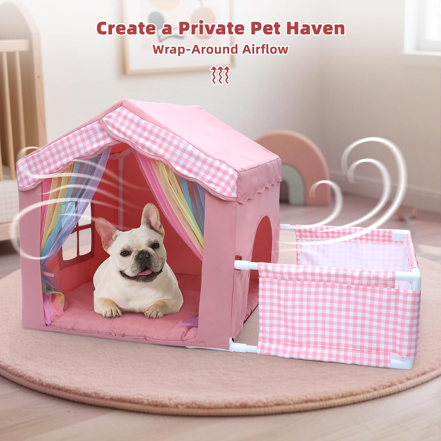 Dog House Indoor with Frame for Small to Medium Dogs, Cute Dog Tent Bed with Play Area, Princess Cat House with Soft Plush Cushion, 44" L x 26.8" W x 25" H, Pink