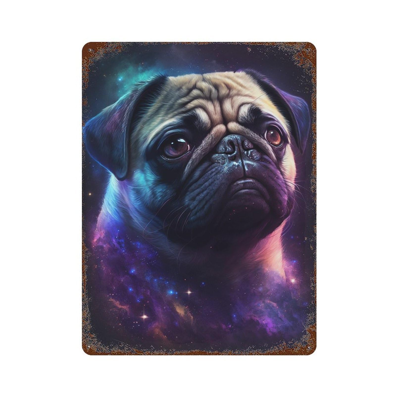 Rust Effect Cosmic Pug Portrait Print Weathered Tin Sign 15.7"x11.8", Retro Wall Decor for Garage, Bar And Workshop Decor
