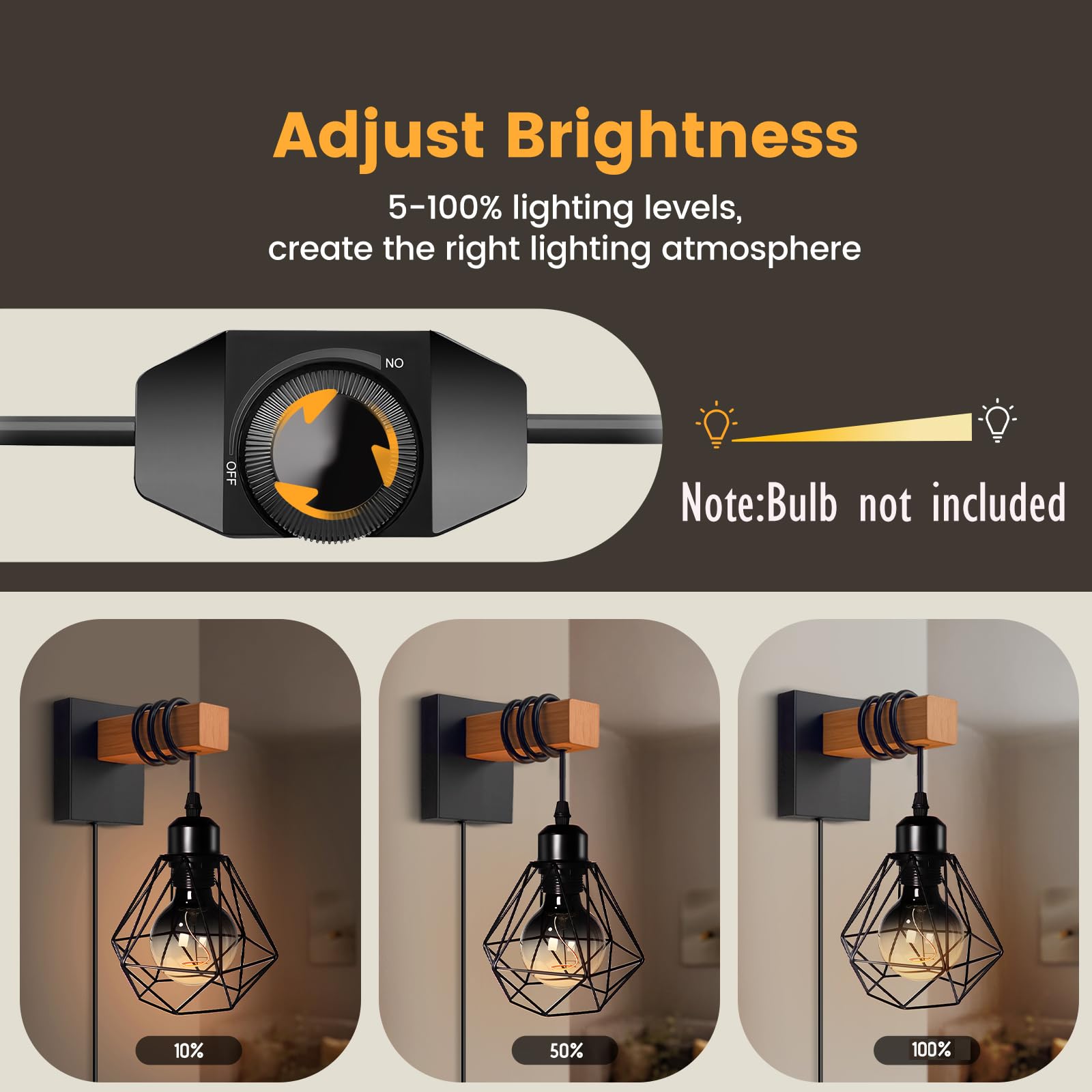 louawieng Plug in Wall Light, Dimmable Industrial Wood Wall Lamp, Black Wall Sconce with Switch Cord E27 Socket - Image 2