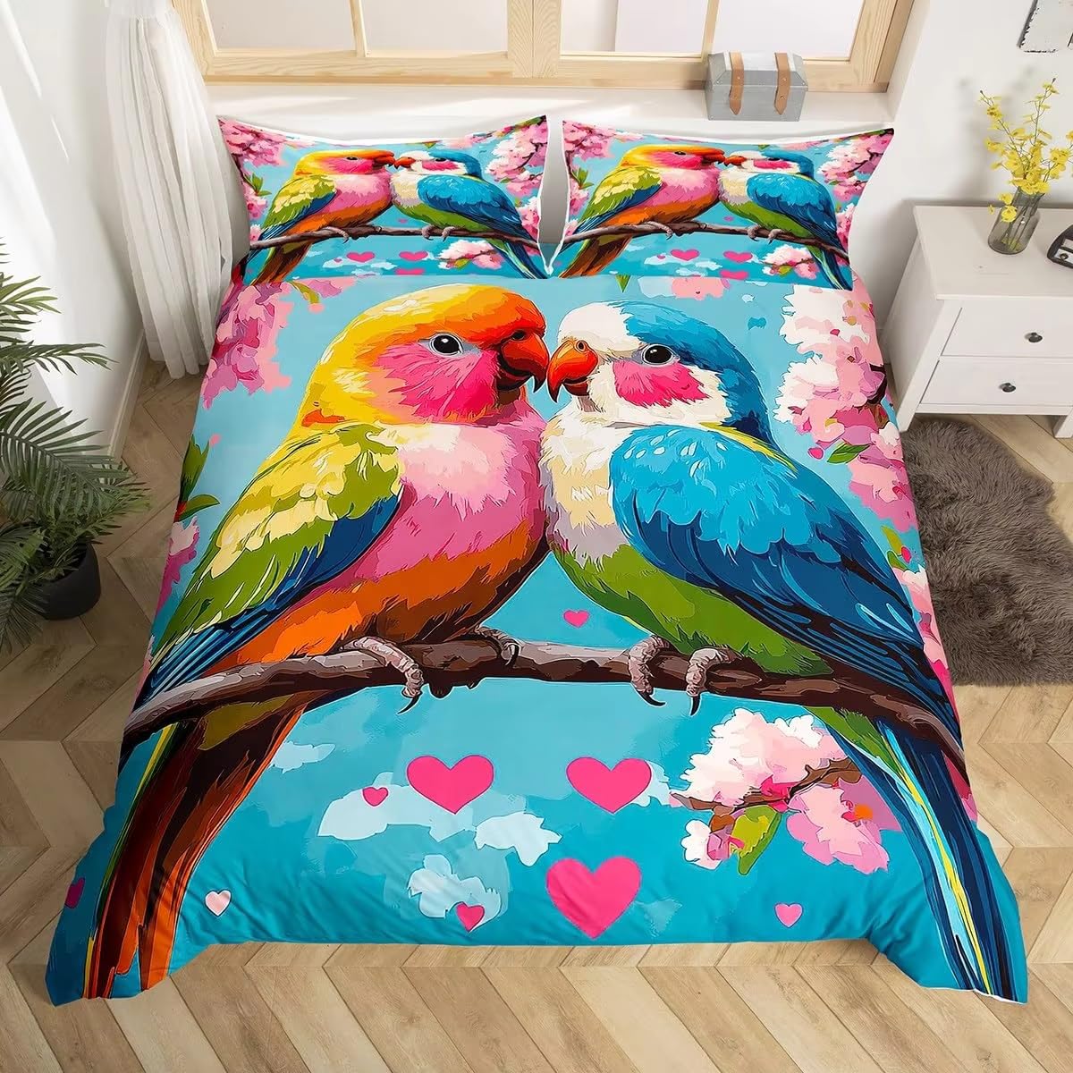 NDXRWDZR King Size Duvet Set Cute Bird Duvet Cover with Zipper Closure Bedding Set for Aldults Kids Soft Hypoallergenic Microfiber Quilt Cover 230x220 cm + 2 Pillowcases 50x75 cm