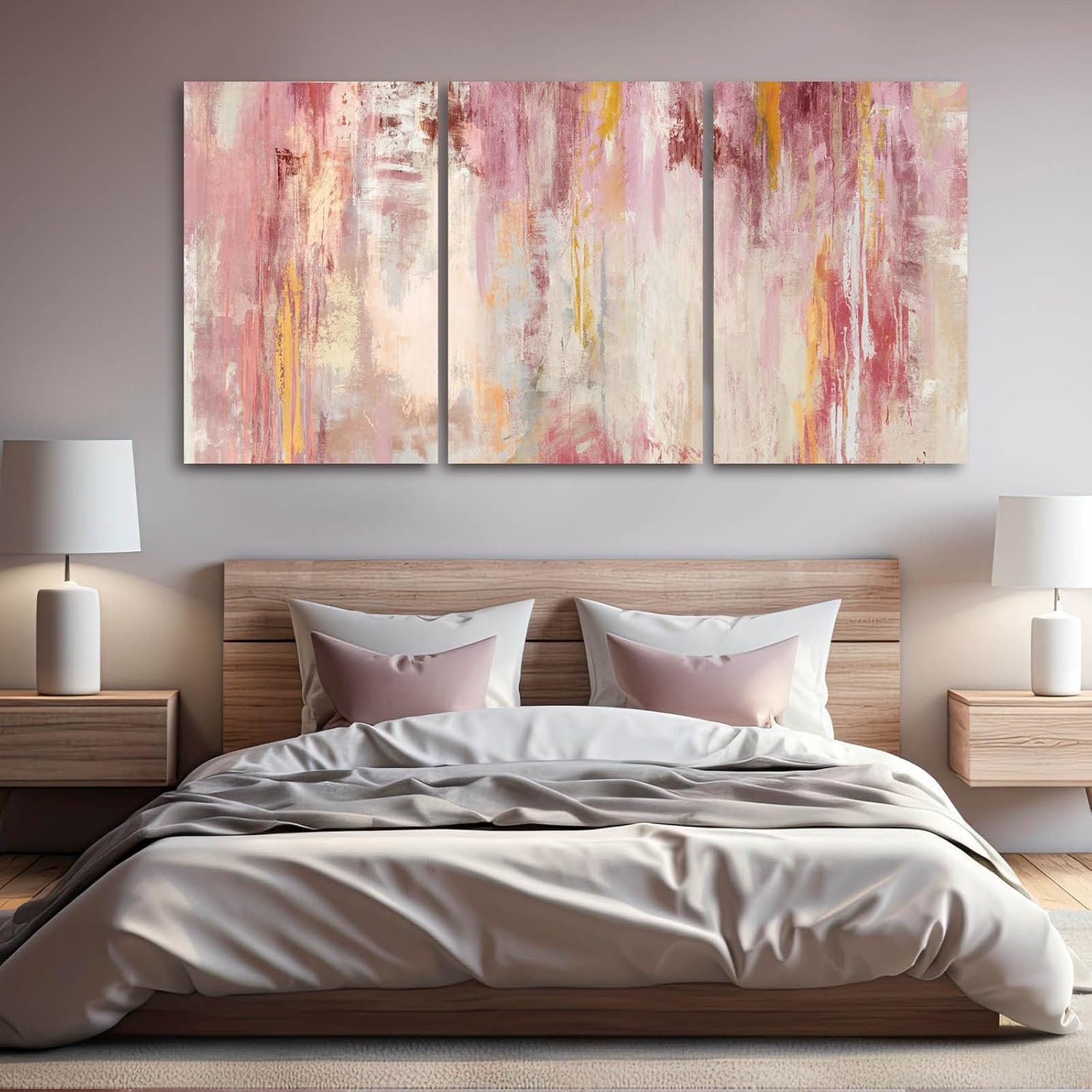 Kureful Large Pink Wall Art Gold Bedroom Decor for Teens Abstract Wall Art for Living Room Canvas Wall Paintings Gold Artwork Pictures for Wall 24"x 36"x 3 Panel