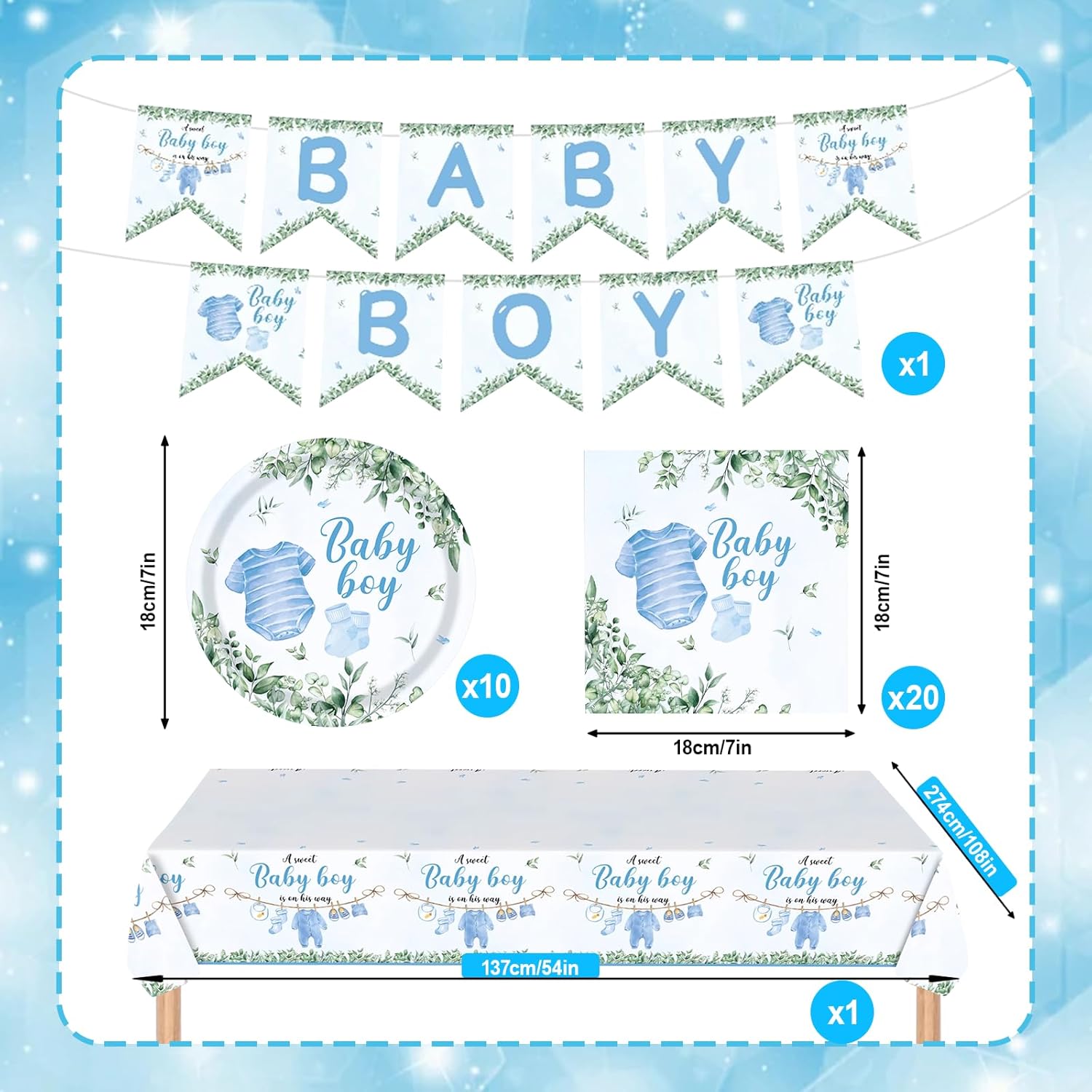 Baby Boy Shower Decorations Tableware Set, Disposable Plates Napkins, Tablecloth and Banner, for Baby Boy Baby Shower Decorations (Blue Tableware Set) - Image 2