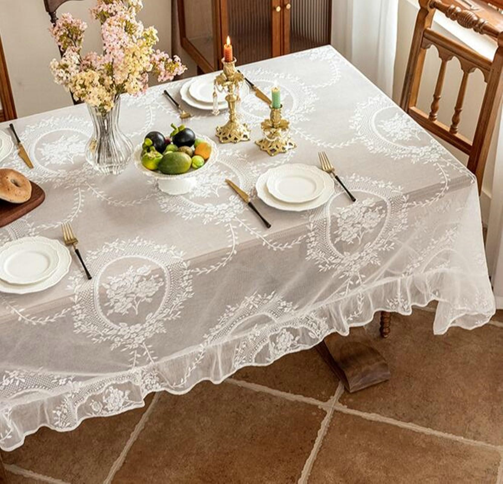Gualiy Nappe Rectangulaire en Tissu, Nappe Table 150 x 300 Nappe Anti Taches Polyester Jacquard Fleur Dentelle Creuse Nappe pour Table de Cuisine, Blanc