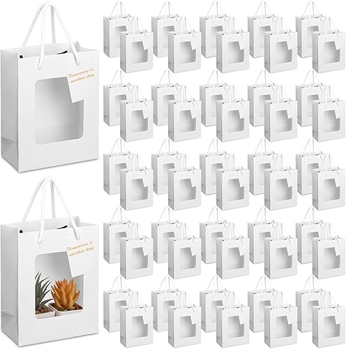 Fuutreo 50 bolsas de regalo de papel kraft blanco con ventana de 7.5 x 3 x 6 pulgadas, asas y etiquetas para bodas, San Valentín, papel de regalo