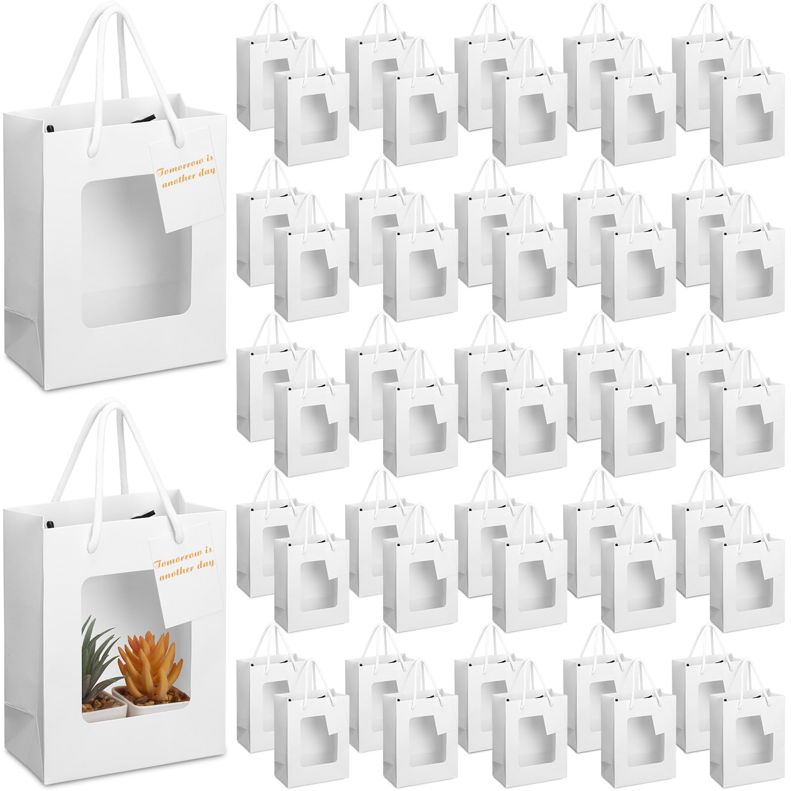 Fuutreo 50 Pcs White Kraft Paper Gift Bags with Window 7.5 x 3 x 6 In, Handles & Tags for Wedding, Valentine's, Mother's Day Gift Wrap