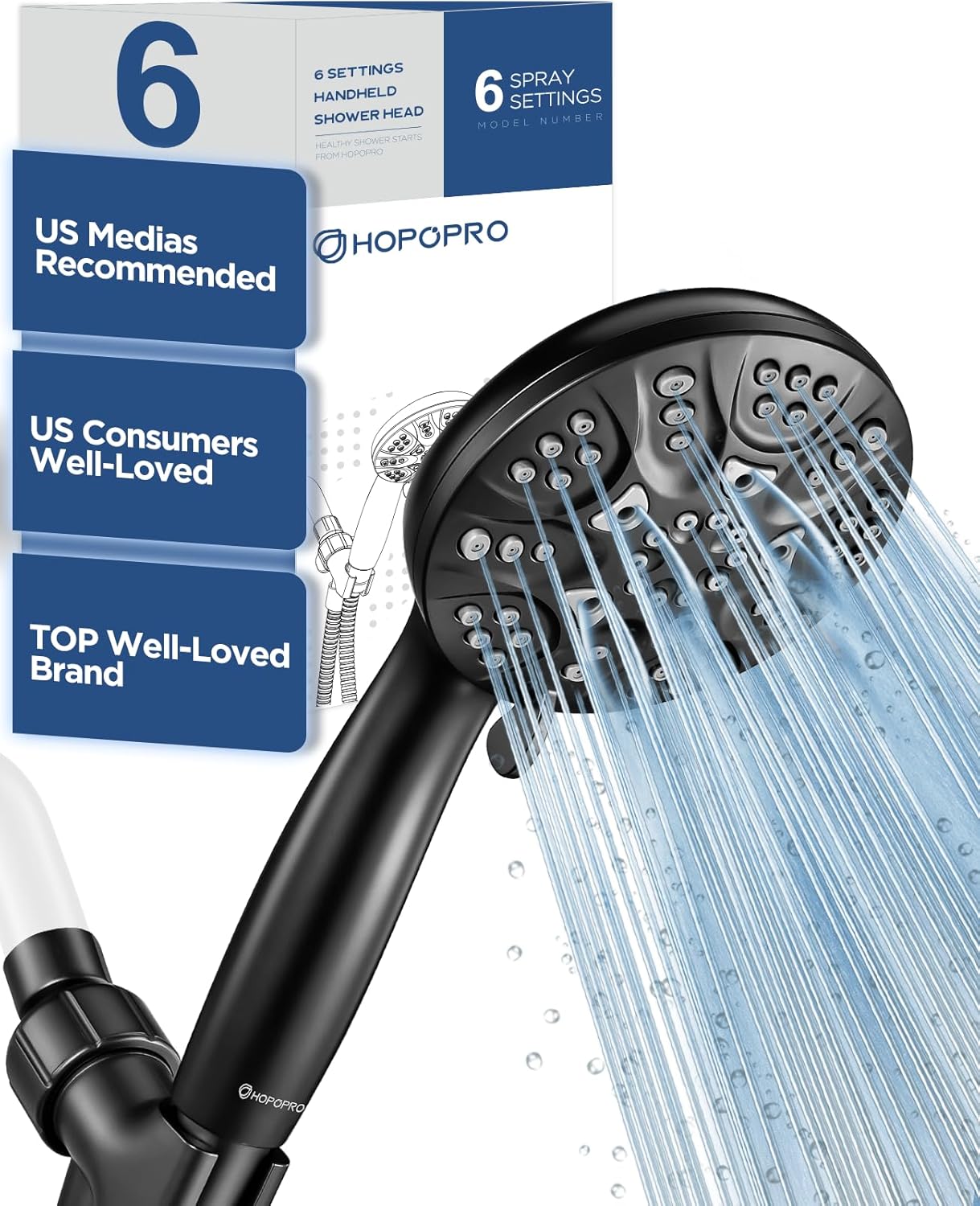 6-Mode High Pressure Handheld Shower Head Set, Consumer Reports Recommended HOPOPRO High Flow Hand Held Showerhead with 59 Inch Hose Bracket Teflon Tape Rubber Washers 6 Modes Matte Black