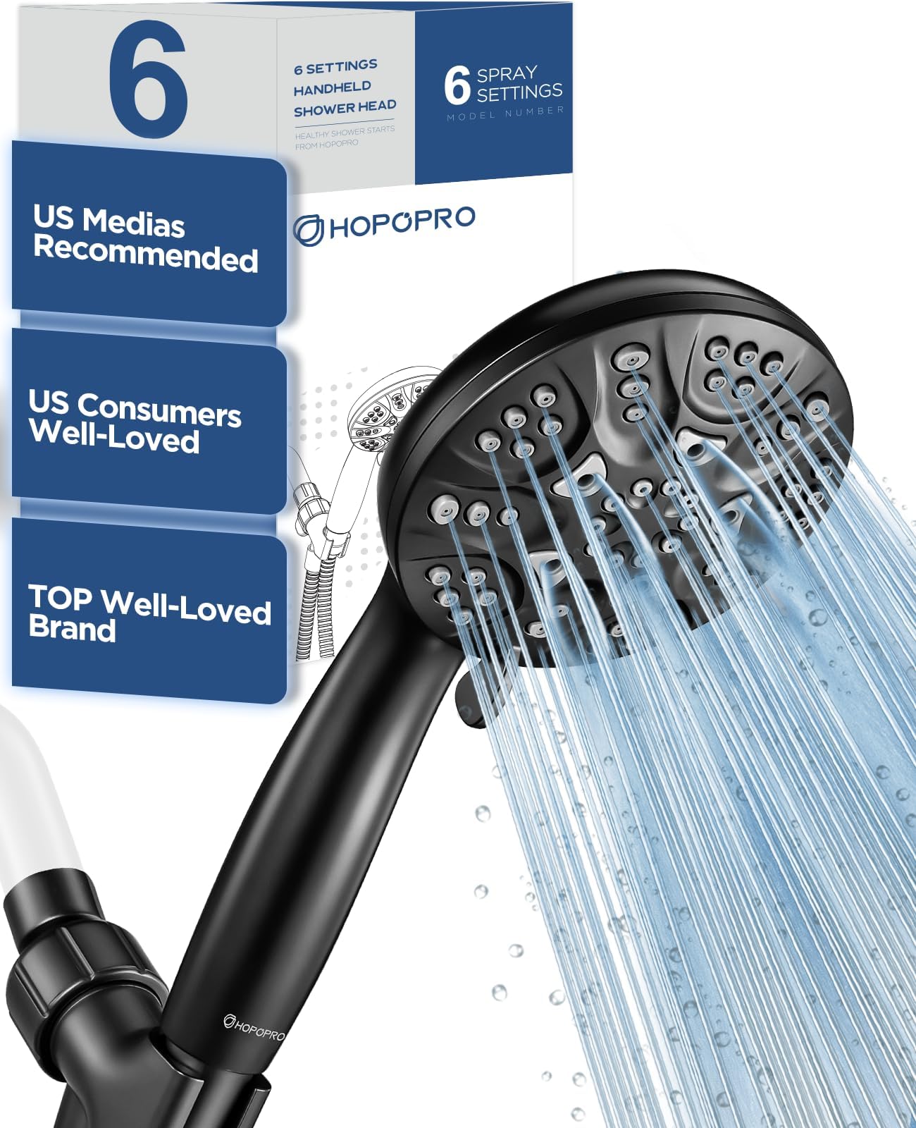 6-Mode High Pressure Handheld Shower Head Set, Consumer Reports Recommended HOPOPRO High Flow Hand Held Showerhead with 59 Inch Hose Bracket Teflon Tape Rubber Washers