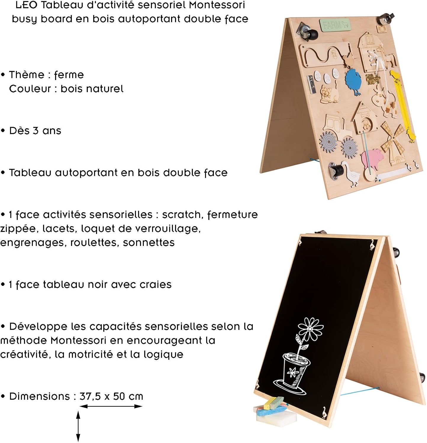 Leo Montessori Busy Board Sensory Activity Board Freestanding Wood Double Sided Natural Firm 50cm