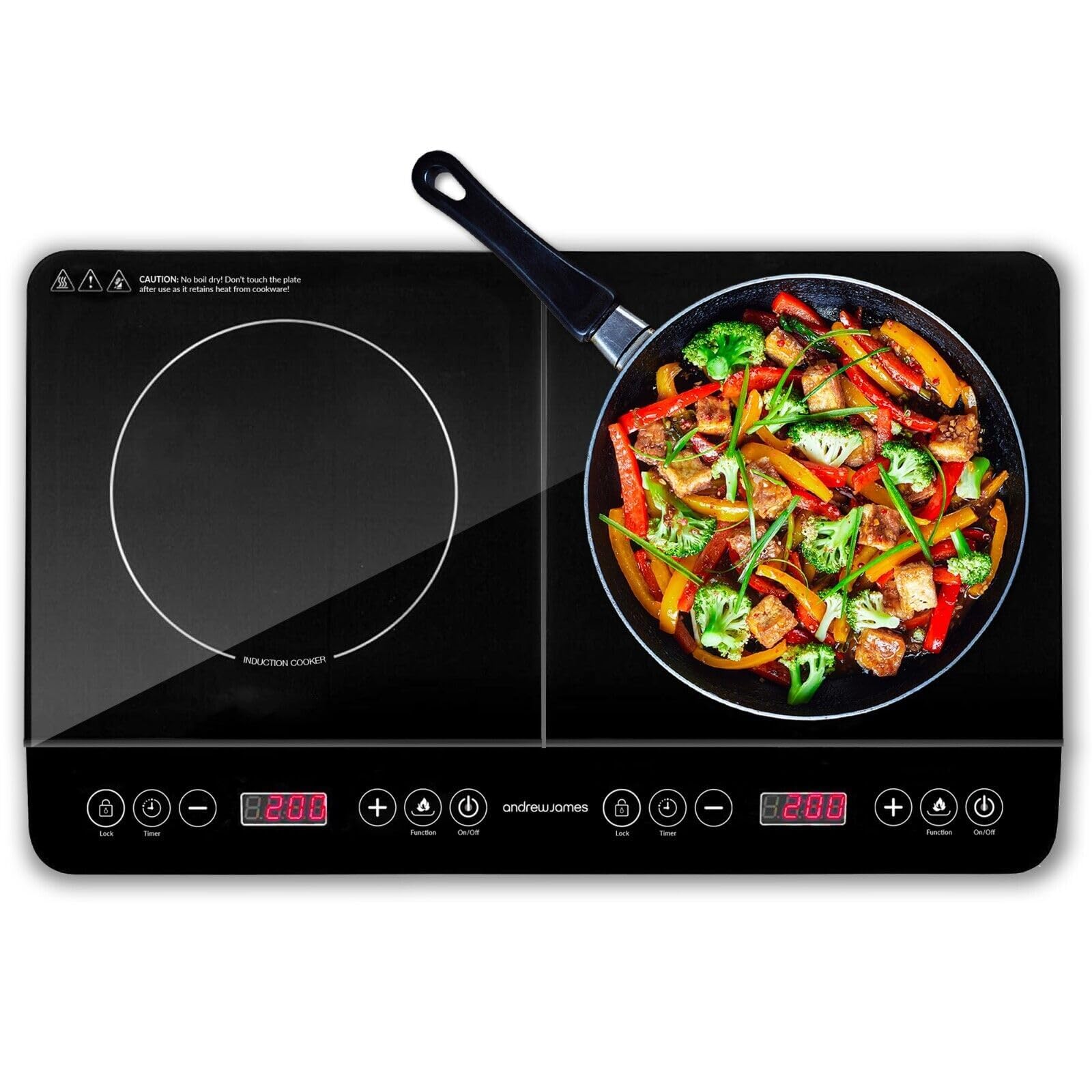 Andrew James Induction Hob Cooker 2000W, Portable Electric Hob with Hot Plate | Electric Induction Cooker with Touch Controls & 10 Heat Settings, Portable Stove (Double Black)