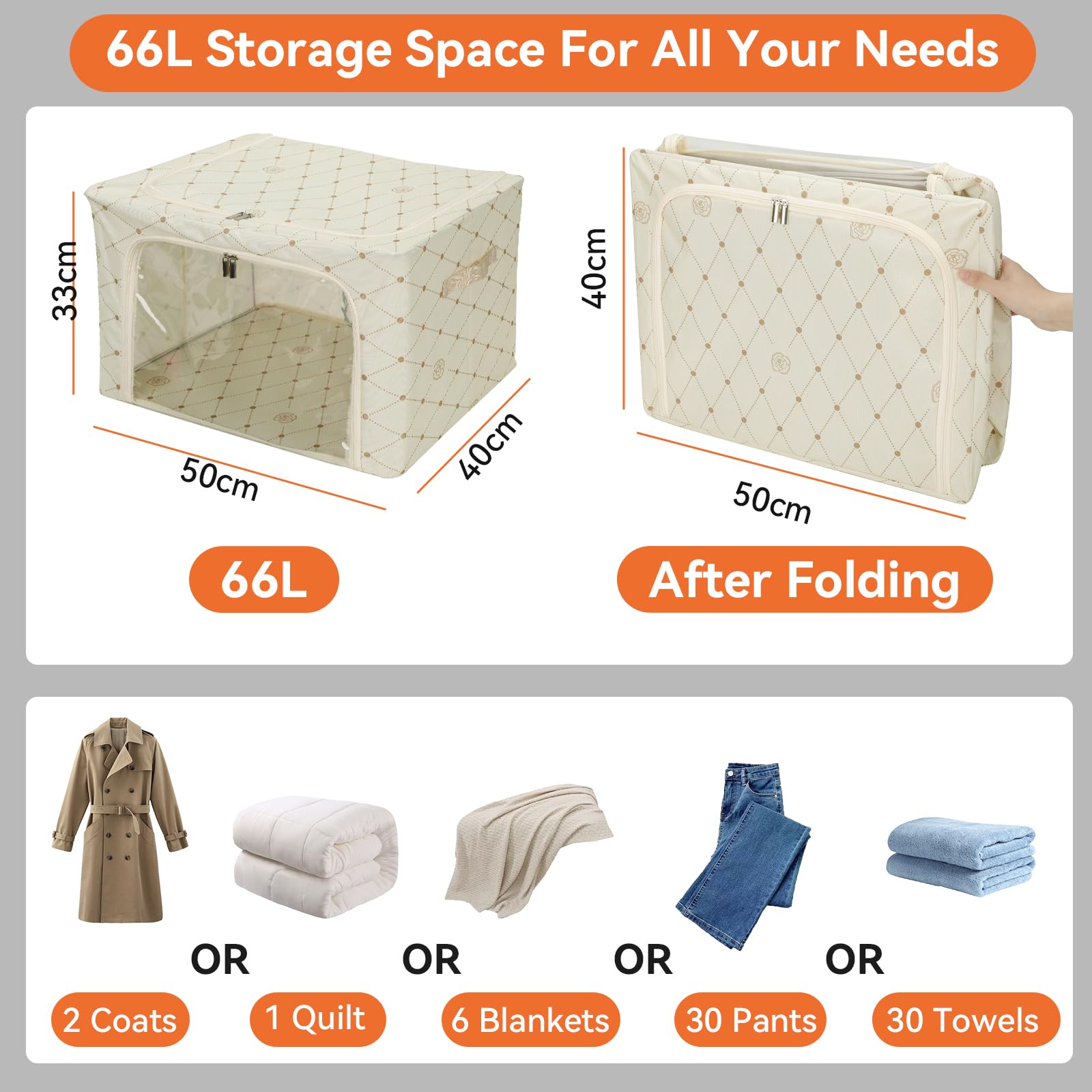 Cozary Cajas Almacenaje Ropa con Marco de Metal 2 Piezas 66L,Organizador Armario Apilable, Bolsas Almacenaje Ropa con Asa Reforzada y Ventanas Transparentes Adecuado, Para Edredones, Colchas