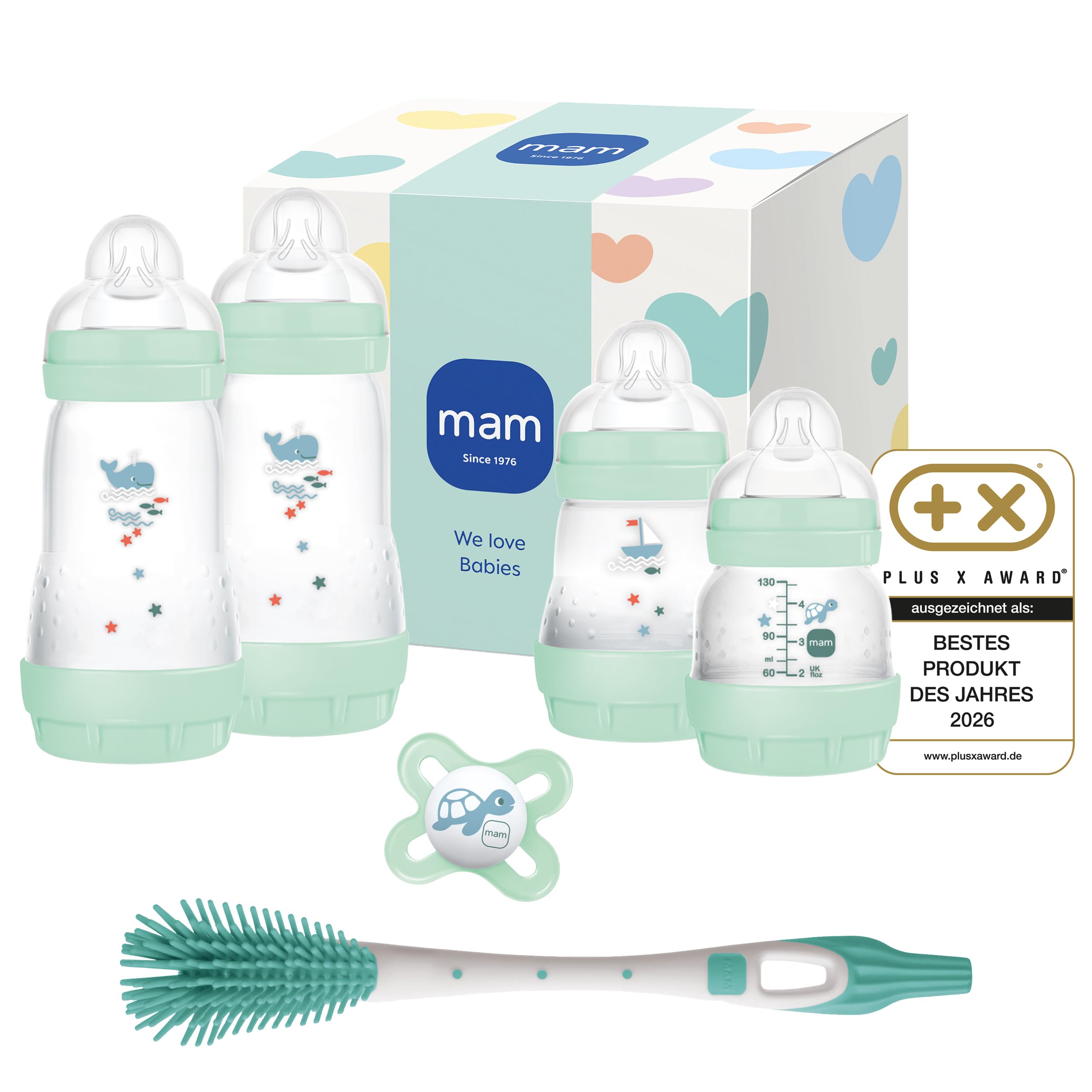MAM Easy Start Anti-Colic Neugeborenen-Set | 0+ Mon | Babyflaschen-Set | 94% Akzeptanz & 96% Hebammen-Empfehlung | 80% weniger Koliken | 4 Trinkflaschen, 1 Original Schnuller & 1 Soft Brush | mint