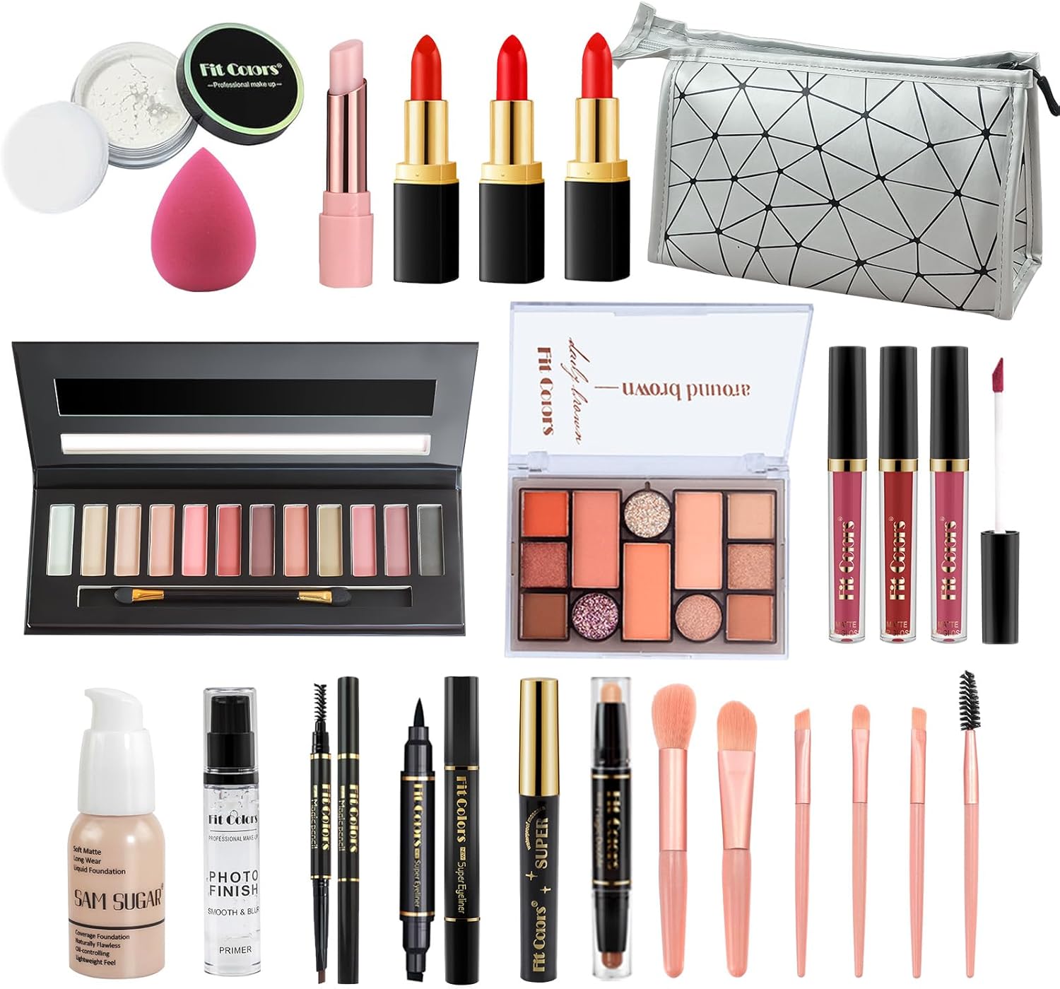 Alles-in-één make-upset, cosmetische make-up starterkit met opbergtas draagbare reismake-up palet oogschaduw foundation lipgloss make-up cadeauset voor tieners en volwassenen (kit A001)