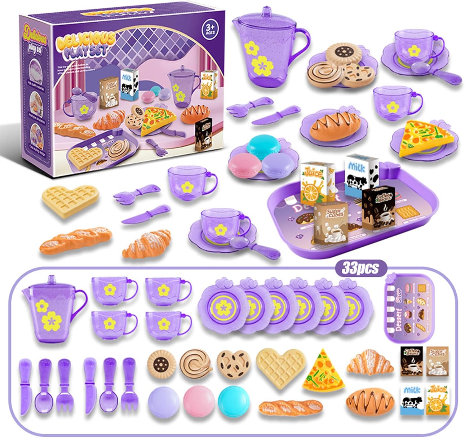 Tea Set for Little Girls, Pretend Tea Party Set for Kids Age 3 4 5 6 7 8 9, Kids Kitchen Pretend Play Tin Tea Set with Carrying Case and Food Dessert Playset for Girls Princess Boys
