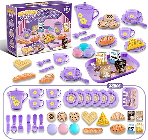 Juego de fiesta de té para niñas pequeñas, juego de comida de postre para niños (morado)