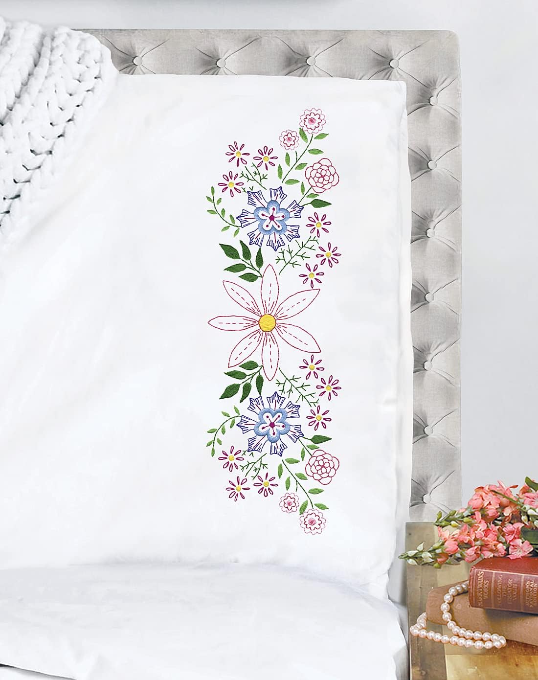 Star Flowers Stamped for Embroidery Pillowcases - Set of 2