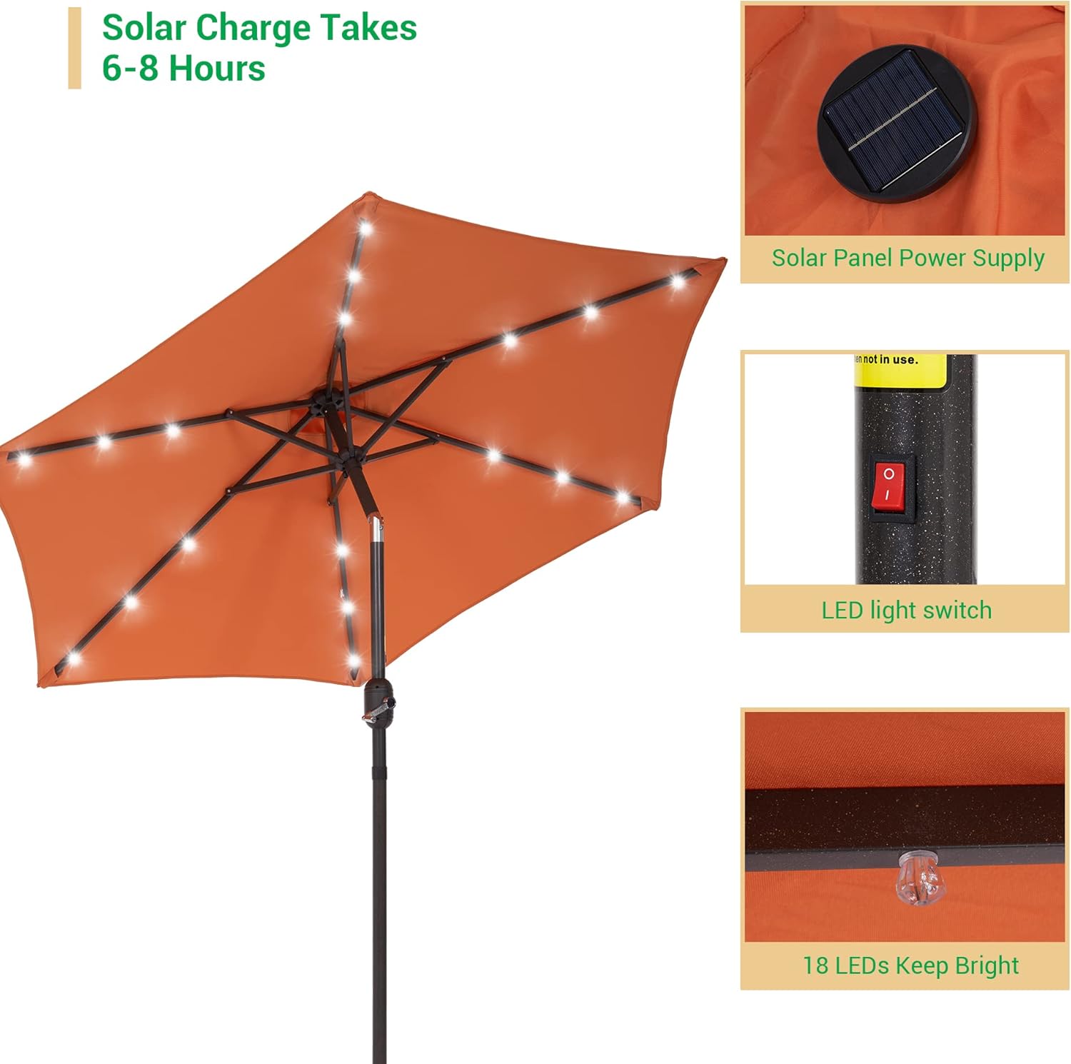 7.5ft Solar Patio Umbrella, Steel umbrella outdoor patio with Tilt and Crank, Waterproof Sunshade Canopy, 6 Ribs Outdoor Umbrella for Garden Deck Backyard Pool,Orange