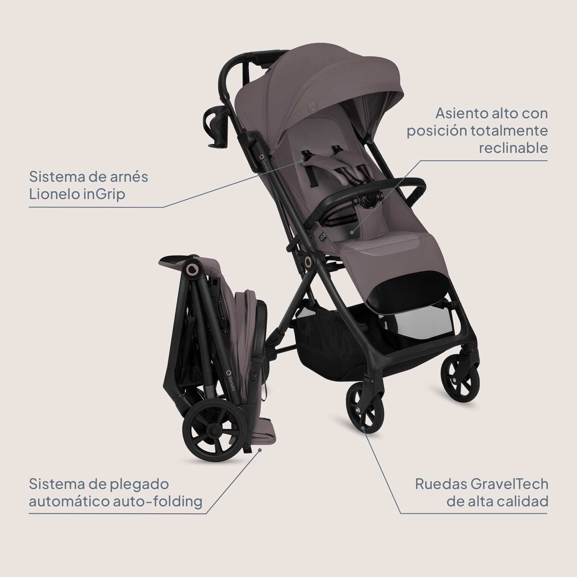 Lionelo Tansi Silla de Paseo Ligera y Carrito Bebé Compacto, hasta 22 kg, Plegado Automático con una Mano, Posición Reclinable, Ruedas GravelTech con Amortiguación, Capota Impermeablee, Mosquitera — view 9