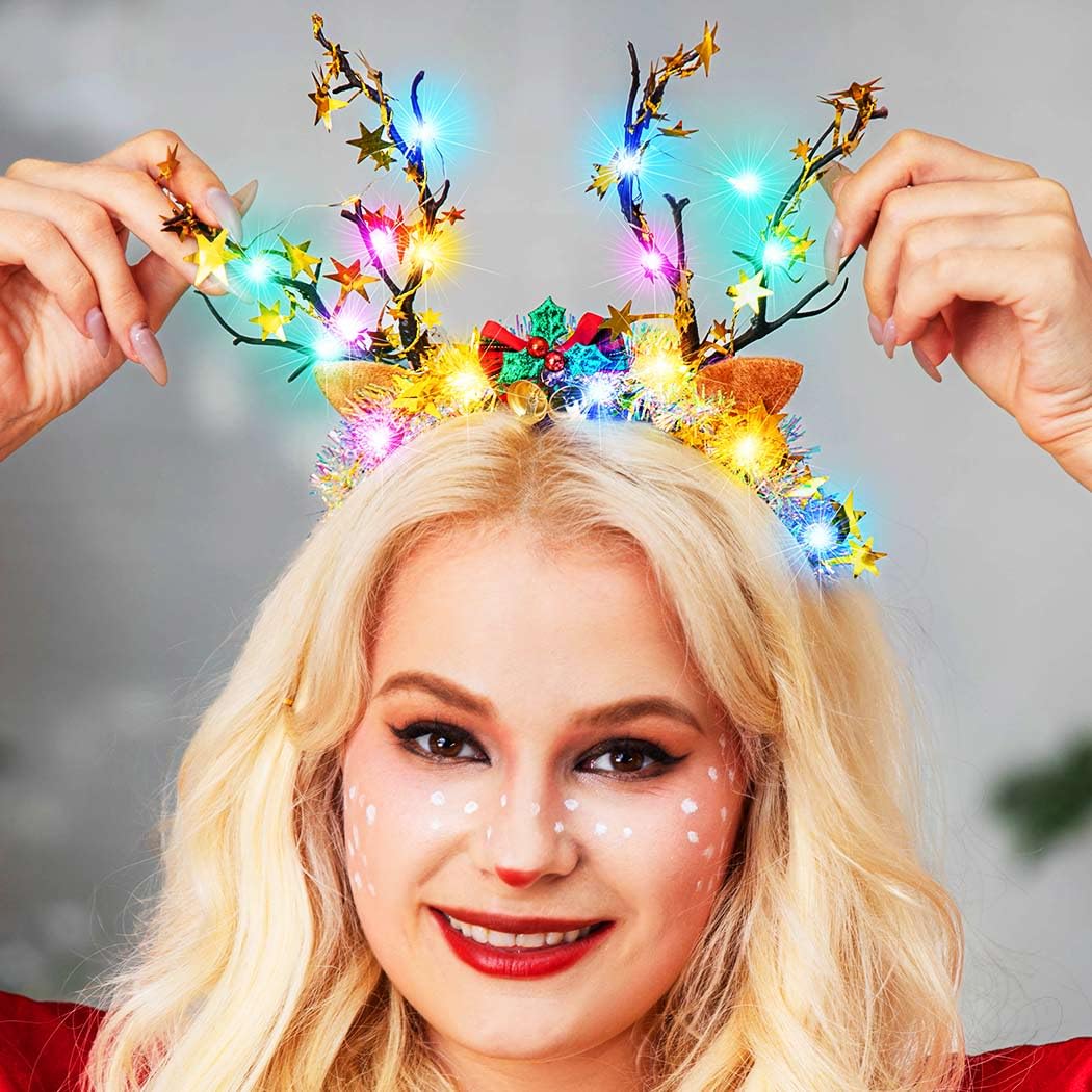 Zoestar Christmas Light Up Headband Gold LED Reindeer Antlers Headbands Stars Xmas Hair Accessories for Women - Image 2