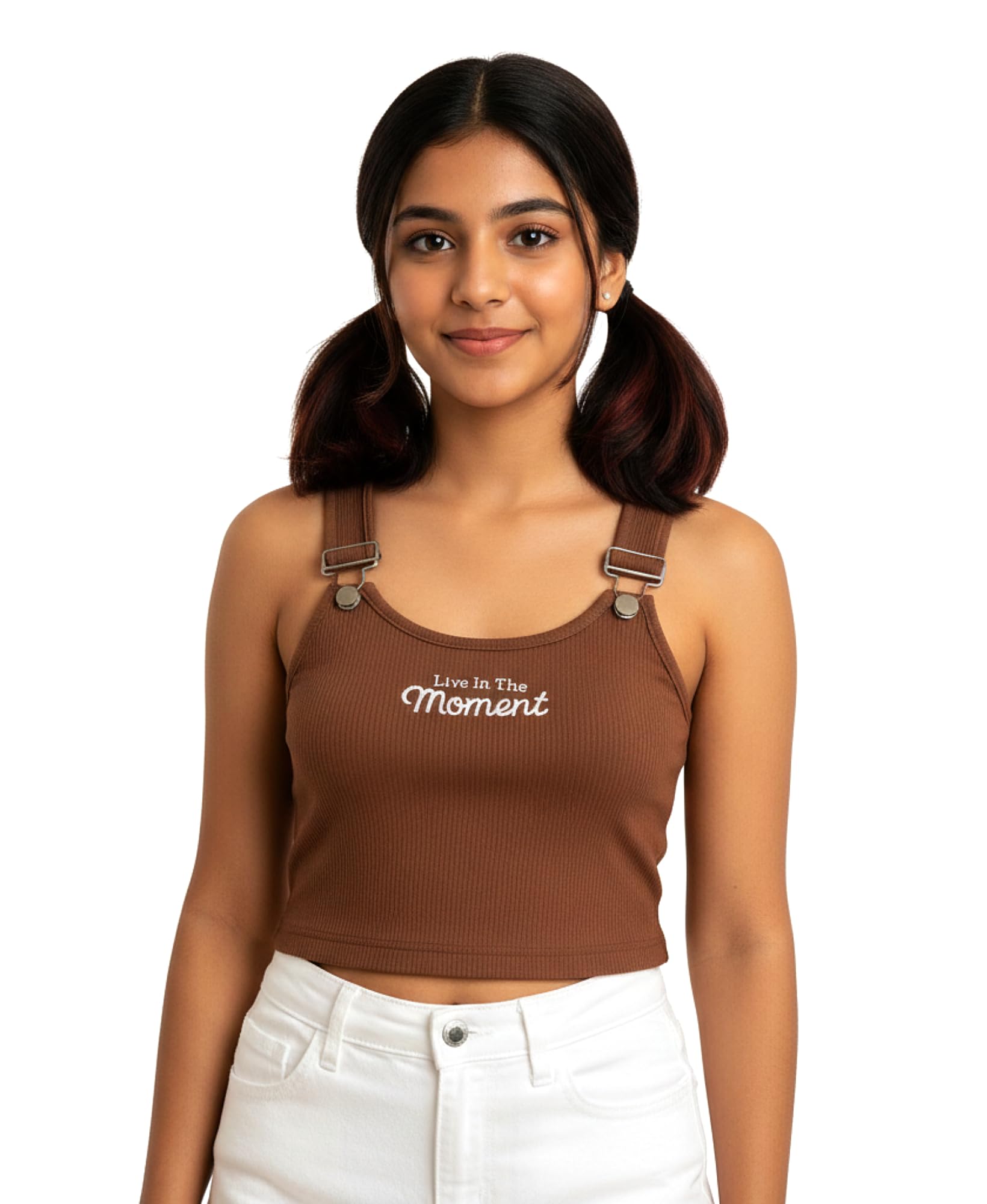 Khwaish Store Girls & Women Padded Sleeveless Crop Tank Top with Adjustable Metal Buckle Strap Graphic Print Slim Fit Casual Summer Wear (in, Age, 10 Years, 11 Years, Regular, 1, Brown)