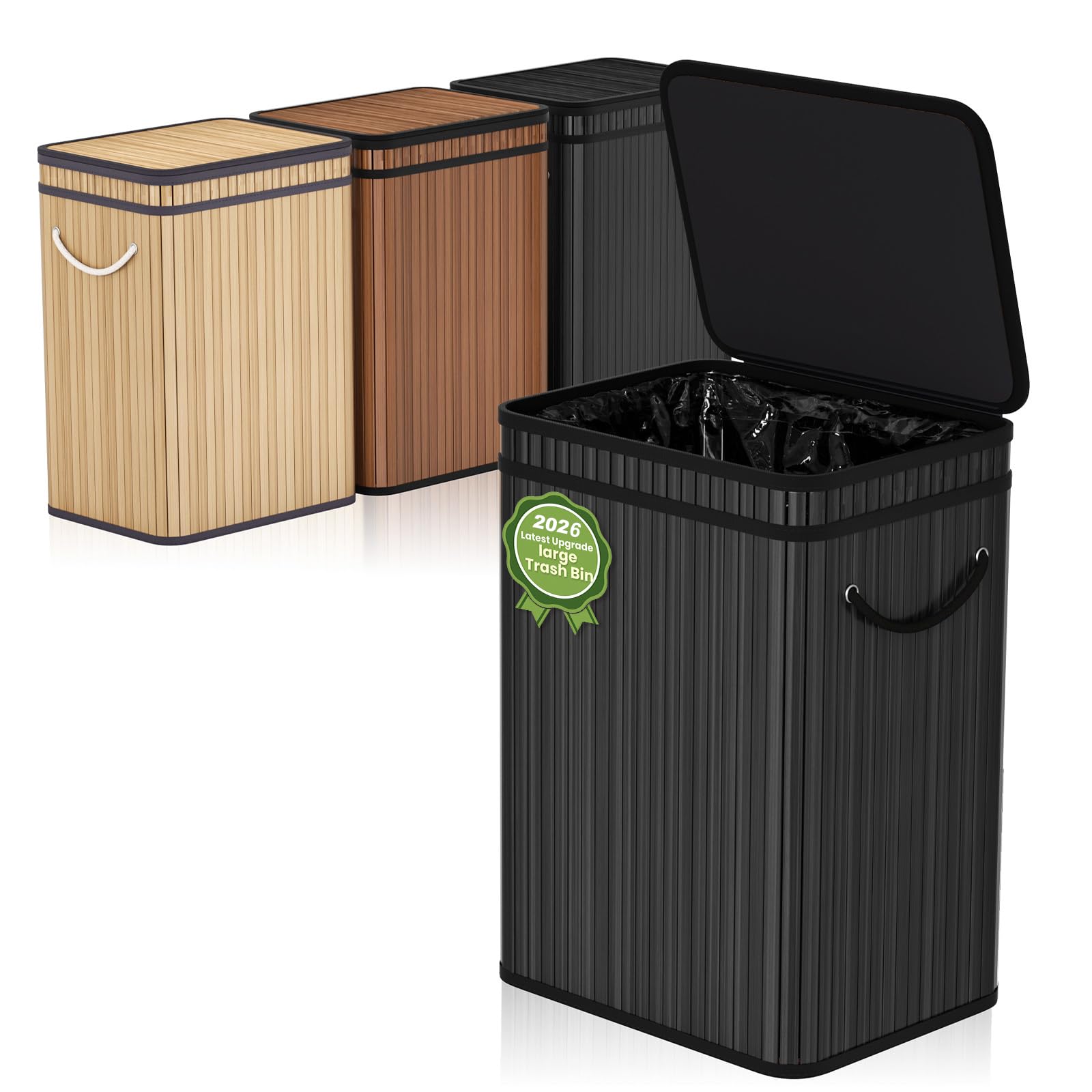 Mihoho 80 Liter/21 Gallon Large Trash Can with Lid, Garbage Bin Wastebasket made of bamboo, Outdoor Garbage Can/Waste/Basket Bin for Home, Office, Bathroom, Kitchen 40X30X60 CM (Black D) — image 1
