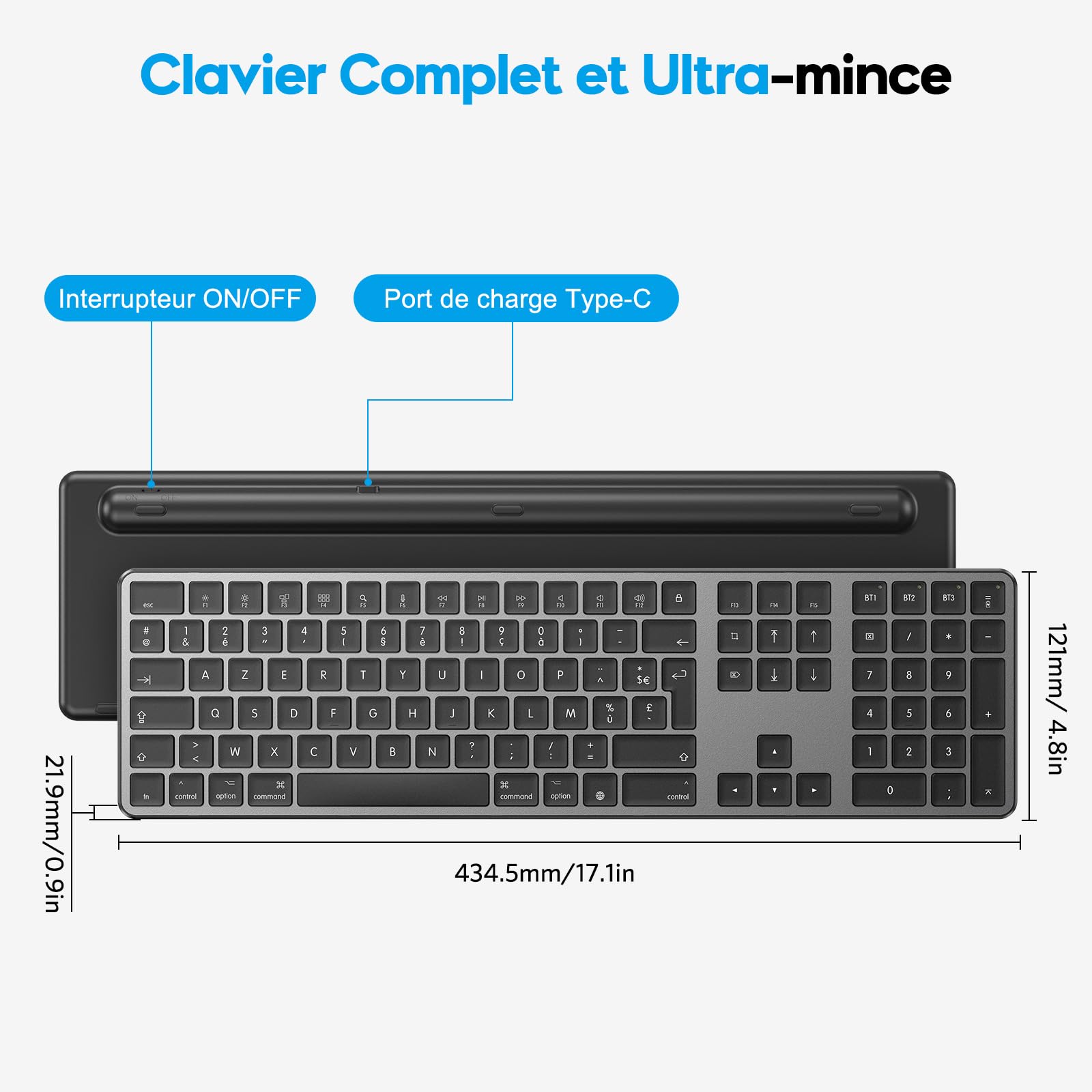OMOTON Tastiera Bluetooth per Mac AZERTY francese, grigio scuro | Multi-dispositivo a 3 canali, ricaricabile, tasti a forbice per Apple Mac Pro/Mini, MacBook Neo/Air, iMac Pro
