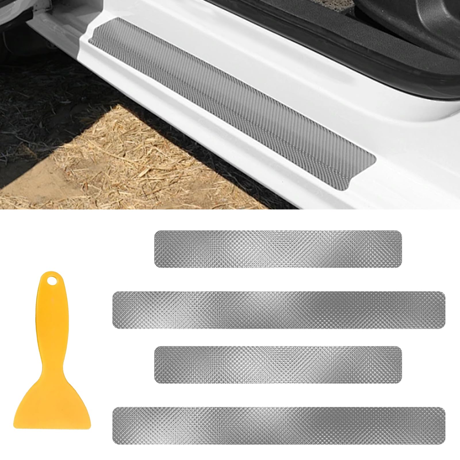 4PCS Carbon Door Sills Protector with Scraper, 3D Anti-Scratch Door Edge Entry Protection Trim for Door Edge/Front and Rear Bumper Door Threshold Protector Cover Sticker Strips(Silver)