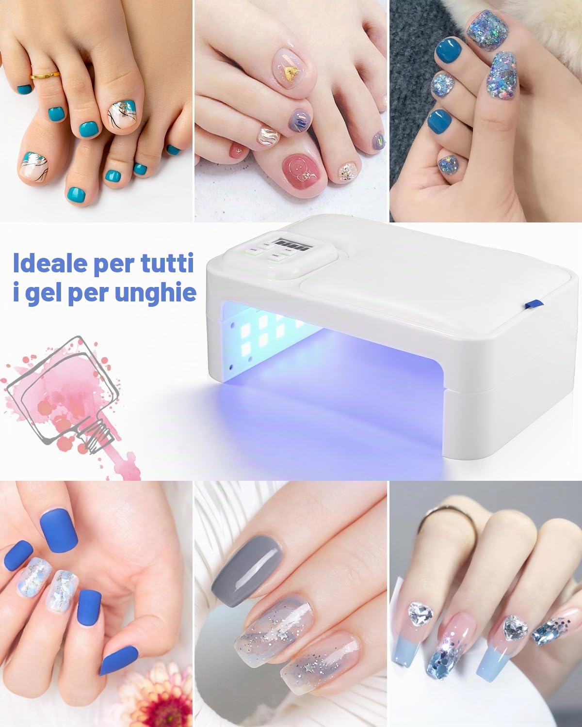 Zounin Lampada LED UV da 180 W, per unghie in gel, pieghevole, portatile, professionale, veloce e veloce, con 4 timer, lampada per asciugare le unghie con sensore, display LCD per unghie in gel