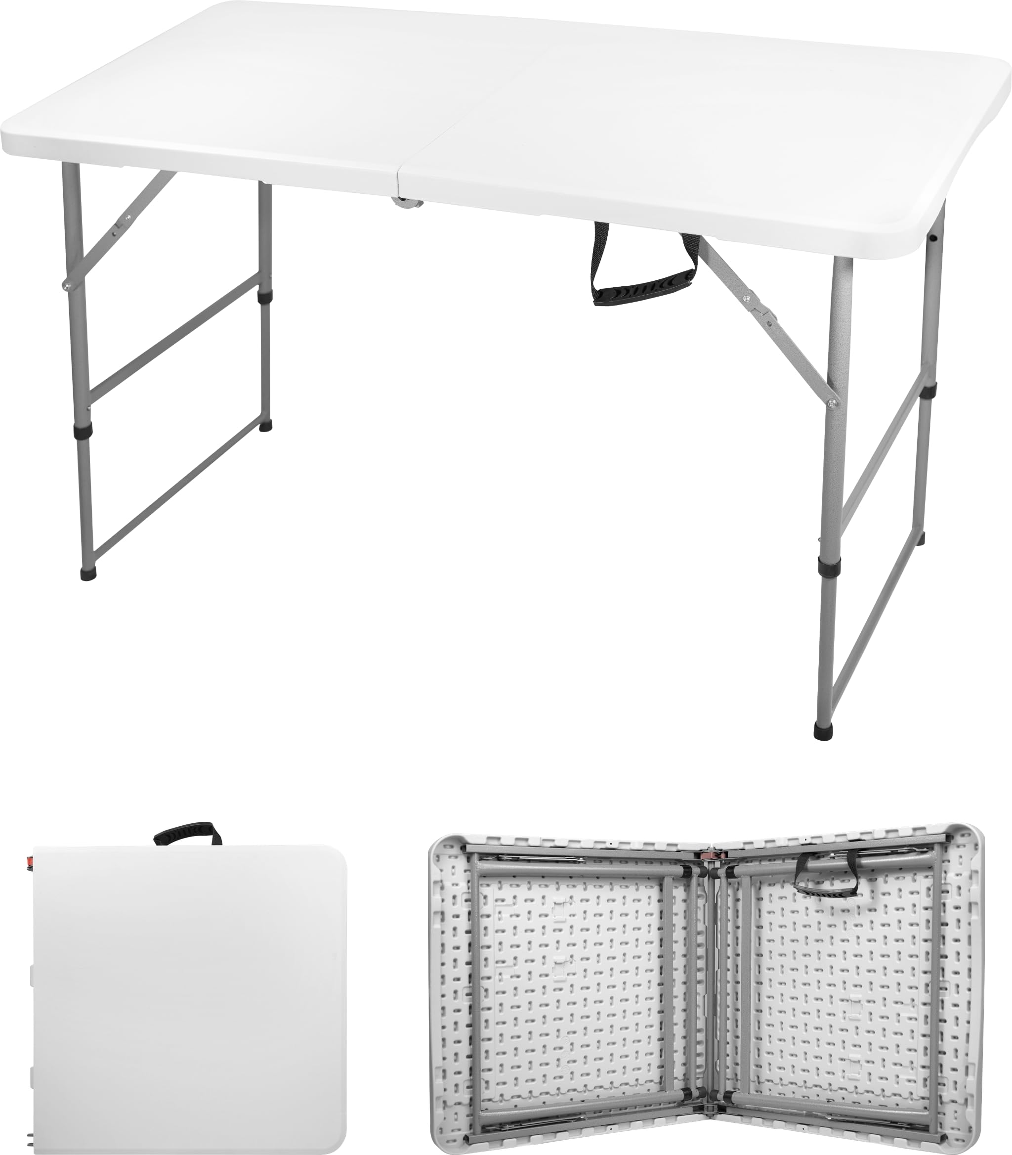 Direct Online Houseware House Of Home 4ft Folding Table Heavy Duty Foldable Collapsible Trestle Table for Indoor Outdoor Use White Pasting Camping Table with Handle - 2 Adjustable Heights