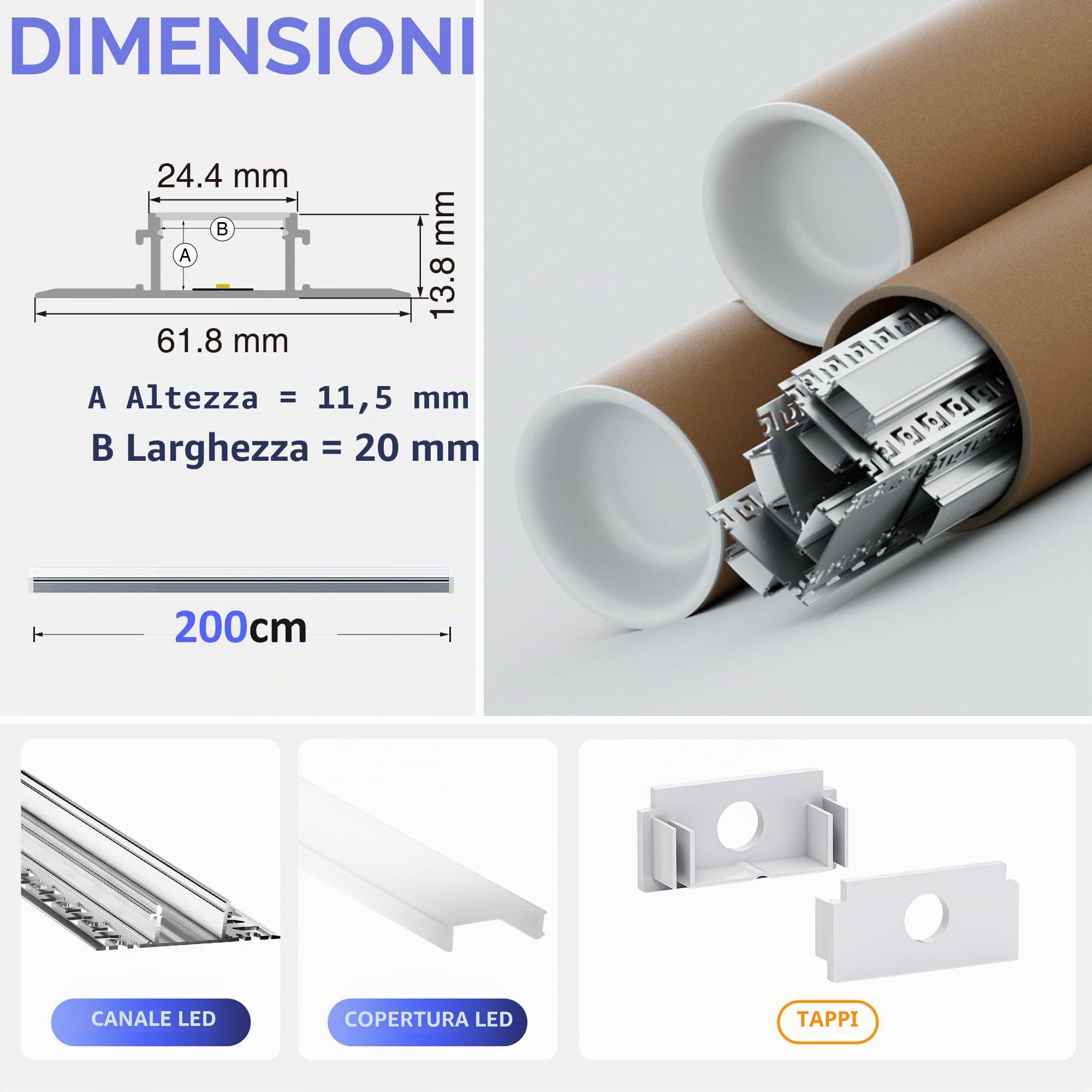 Profilo LED cartongesso in alluminio con diffusore – Canalina LED per strisce fino a 20 mm, dimensioni: 2000x61,8x13,8 mm (inclusi alette di montaggio) (SP45, 5 pezzi (10 m totale))