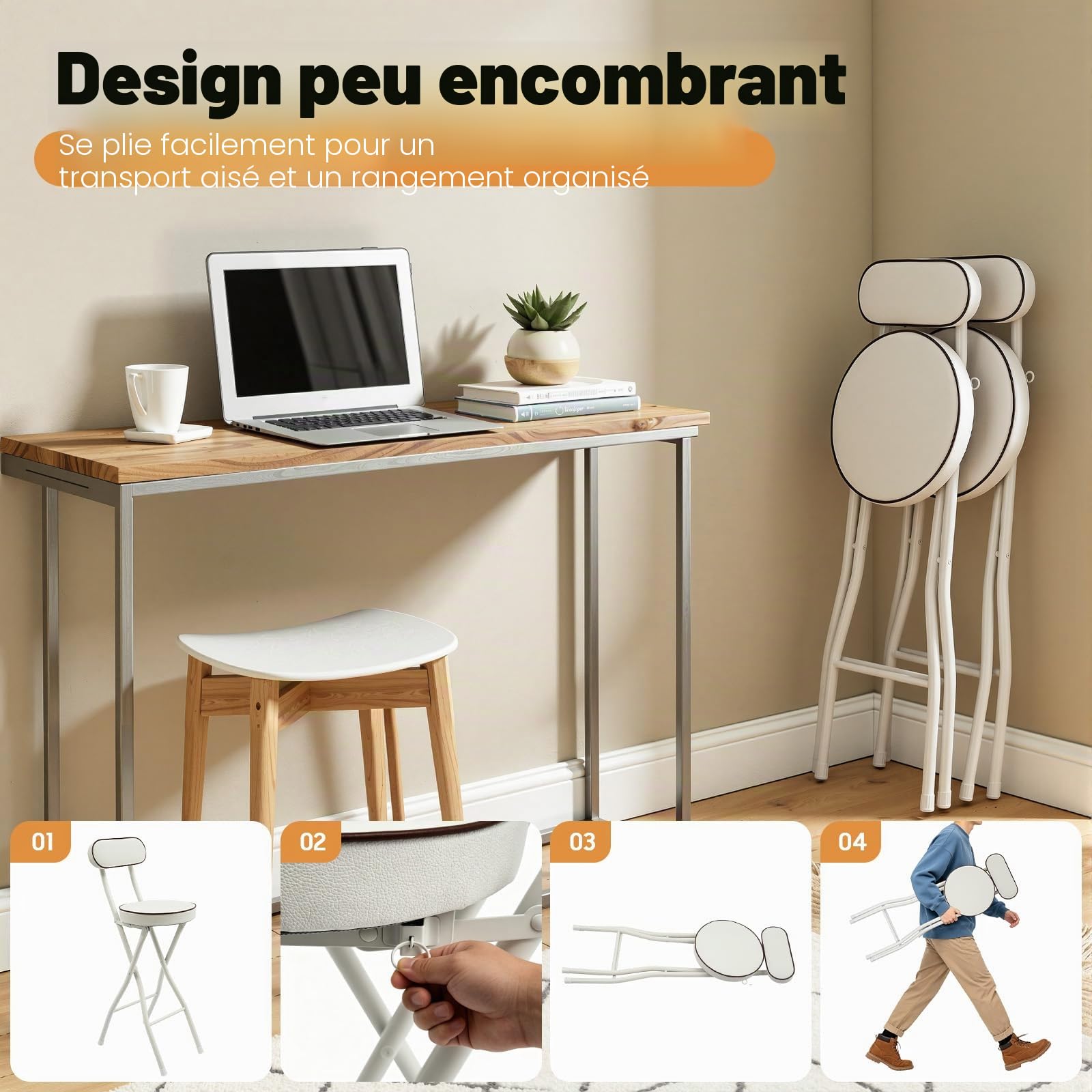 Lot de 2 tabourets de bar pliables avec dossier - Portable - Pour l'extérieur - Chaise haute rembourrée - Tabouret pliable - Blanc