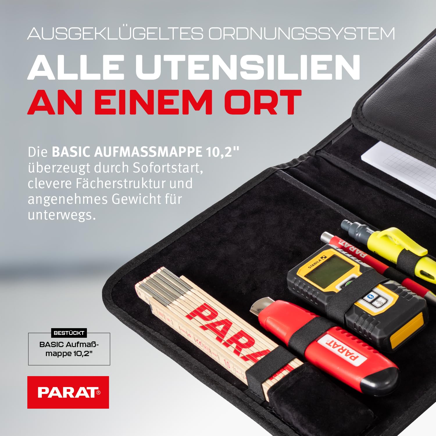 PARAT BASIC Aufmaßmappe 10,2" bestückt | Messmappe mit Laserentfernungsmesser, Zollstock & Tabletfach | Aufmaß-Set für Handwerk & Bau | Werkzeugmappe aus Kunstleder | sofort einsatzbereit