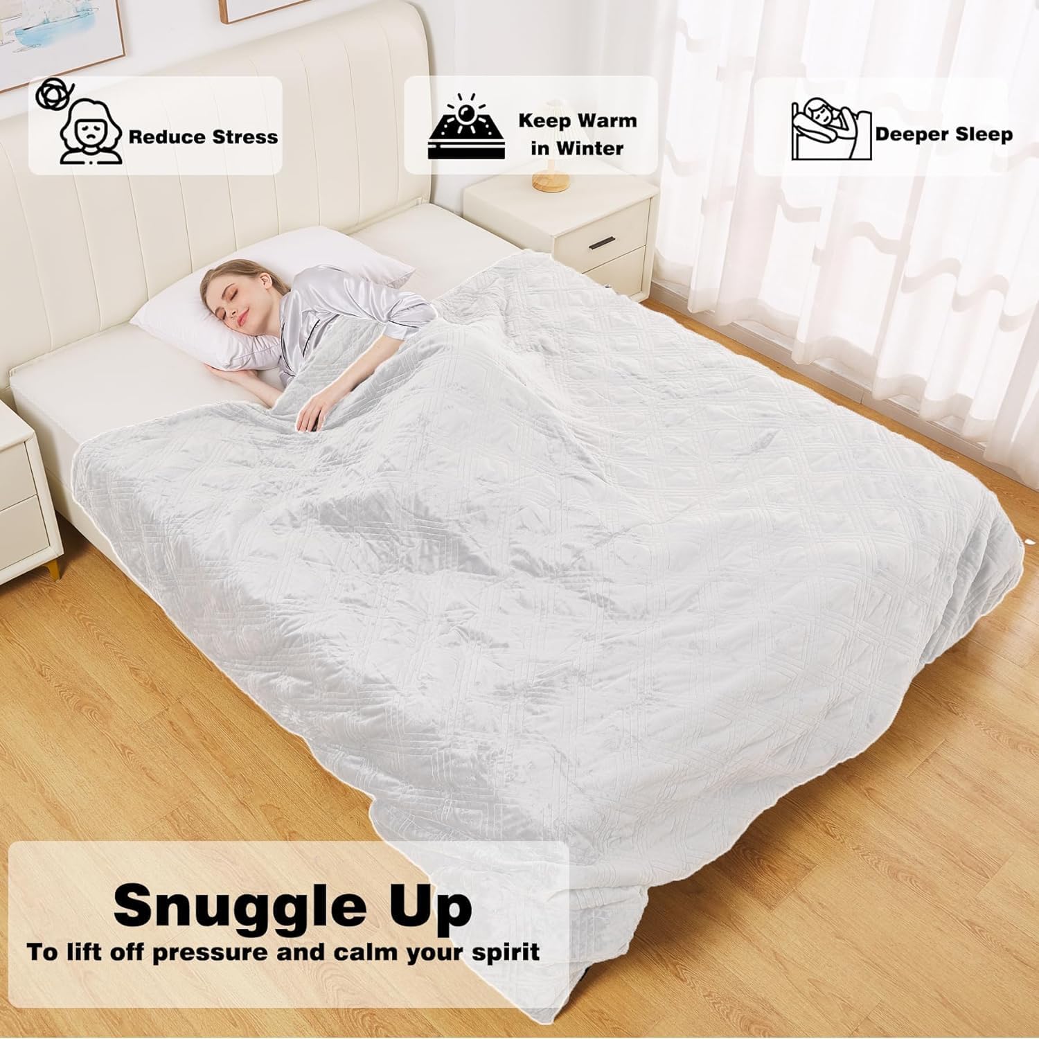 Zonli King Size Weighted Blanket (35 Lbs, 94"x96") - Removable Minky Cover, Glass Beads, For Adults, Cream White - View #5