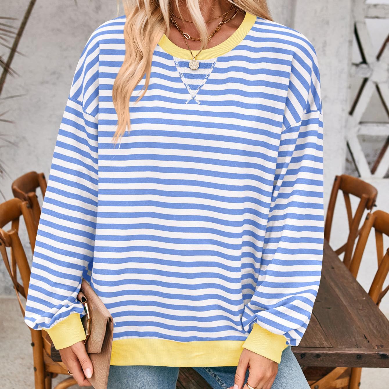 Women Oversized Crewneck Color Block Sweatshirt | Striped Shirt Casual Long Sleeve Loose Pullover Y2K Shirt Top