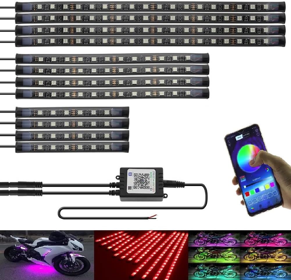 12pcs Motorcycle LED Neon Light Strips Kits,with APP Control RGB Multi-Color Atmosphere Underglow Lights, 12V Waterproof LED Chassis Atmosphere Lamp for Harley Honda Suzuki(12 Light Bars)