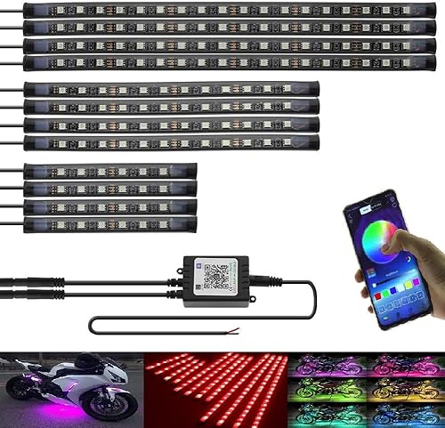 12 tiras de luz LED de neón para motocicleta, con control de aplicación, luces RGB multicolor, luces subterráneas de atmósfera LED impermeable de 12