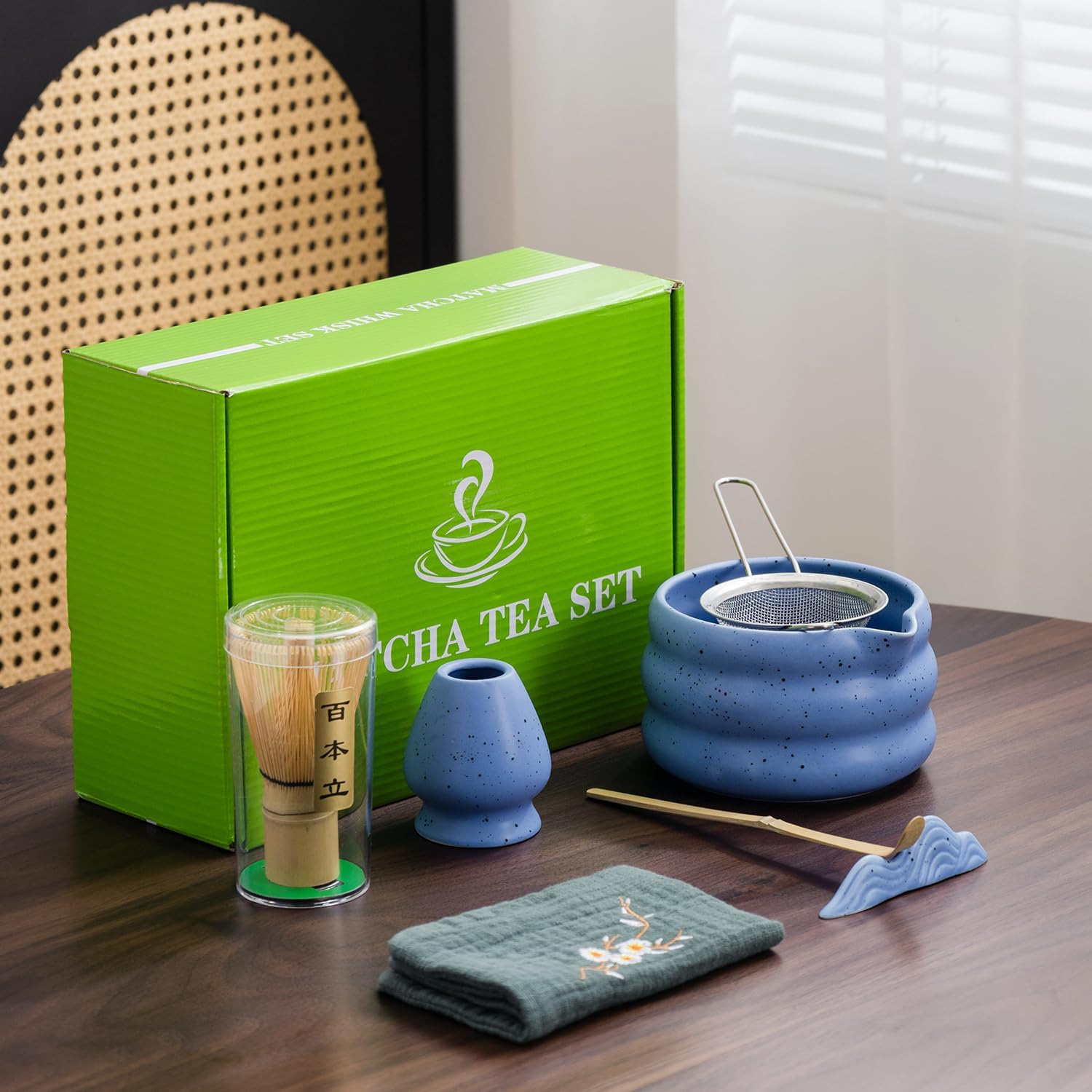 7Pcs Japanese Matcha Tea Set, Matcha Kit with Matcha Bowl (with Pouring Spout), Matcha Whisk, Whisk Holder, Strainer - Elegant Matcha Set for Gifting and Personal Use, Gift Box Packaging (blue) - Image 2